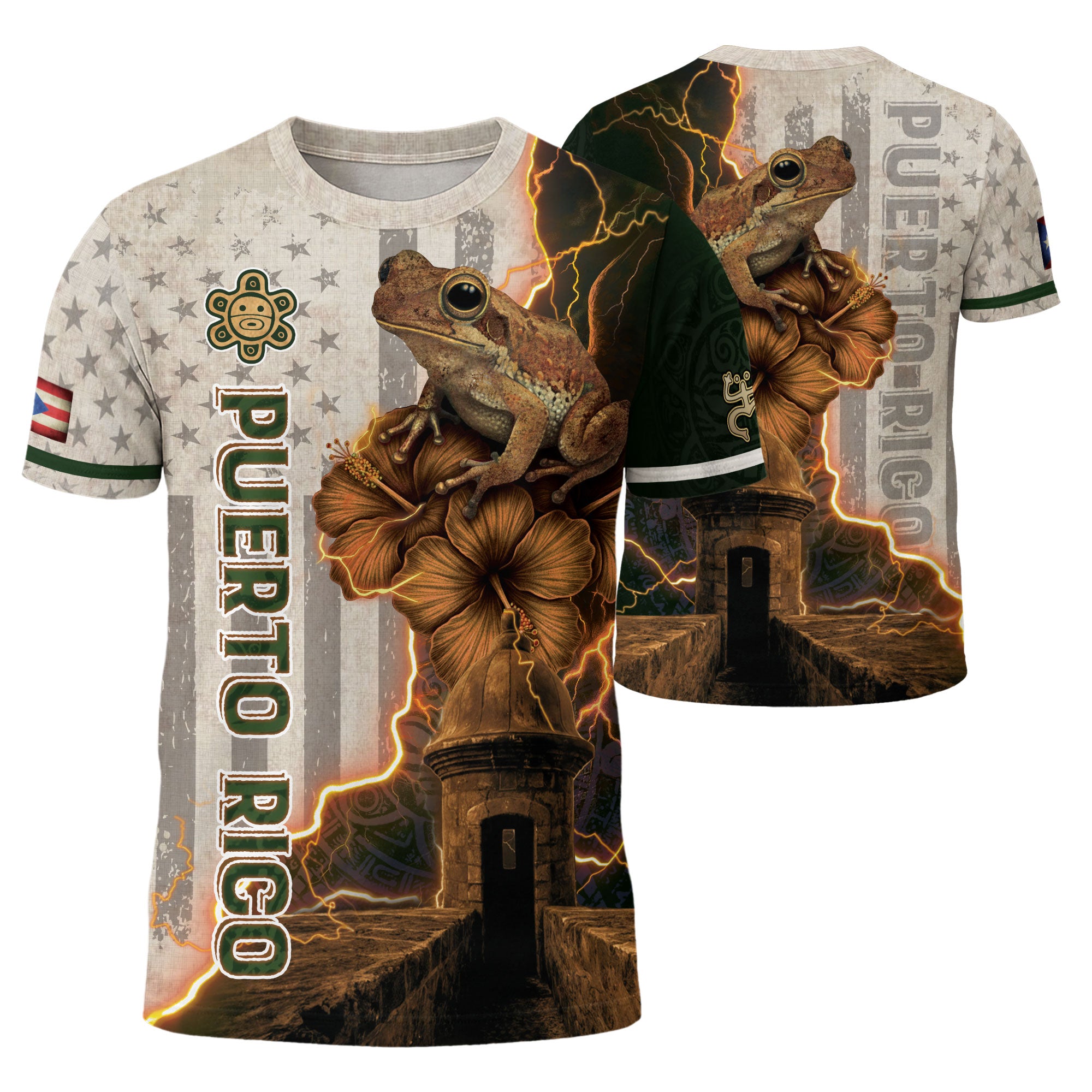 Puerto Rico Boricua Coqui Frog El Morro Lightning Beige Brown Green National Shirt