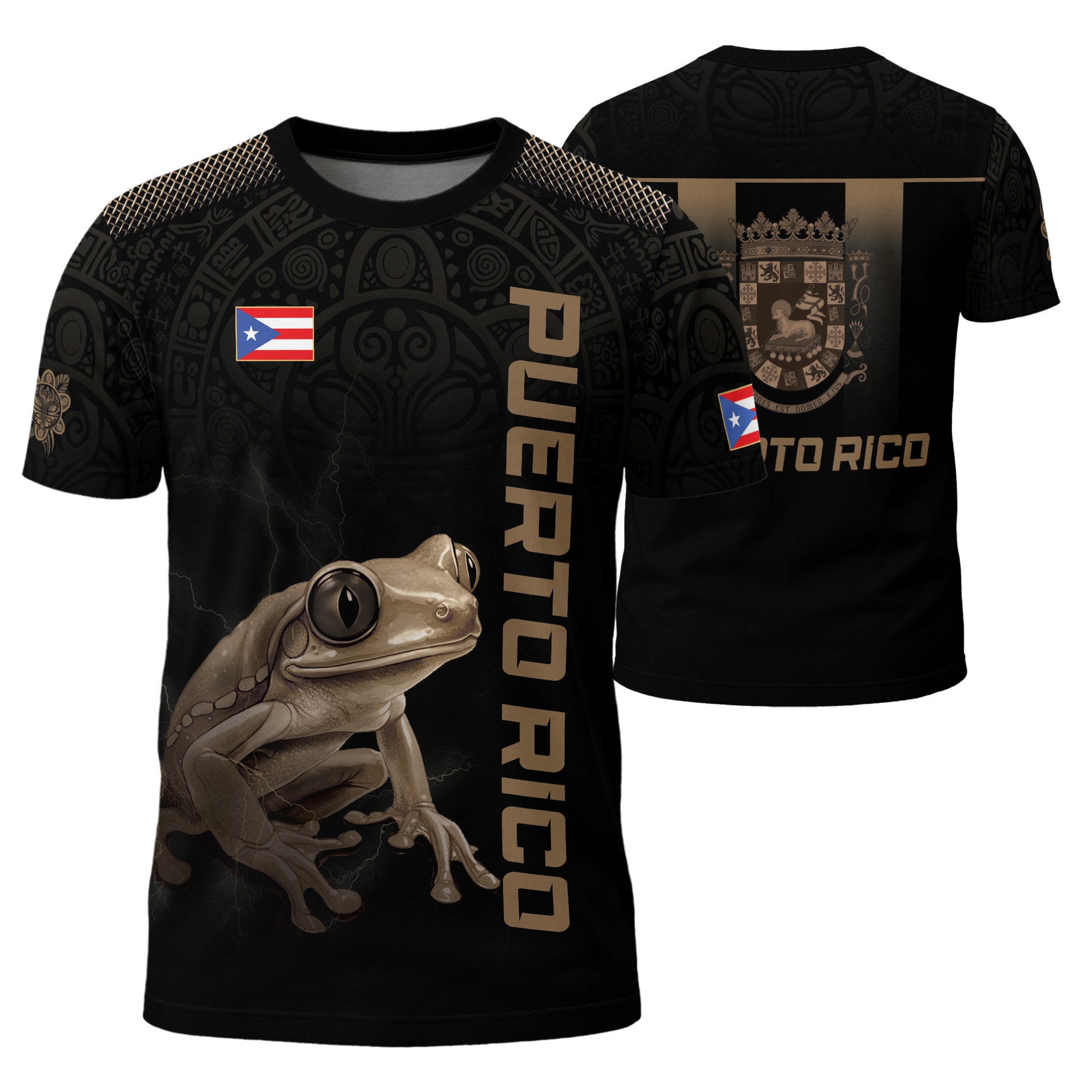Puerto Rico Coqui Frog Taino Heritage Pride Boricua Tribal Camisa Dorada Negra