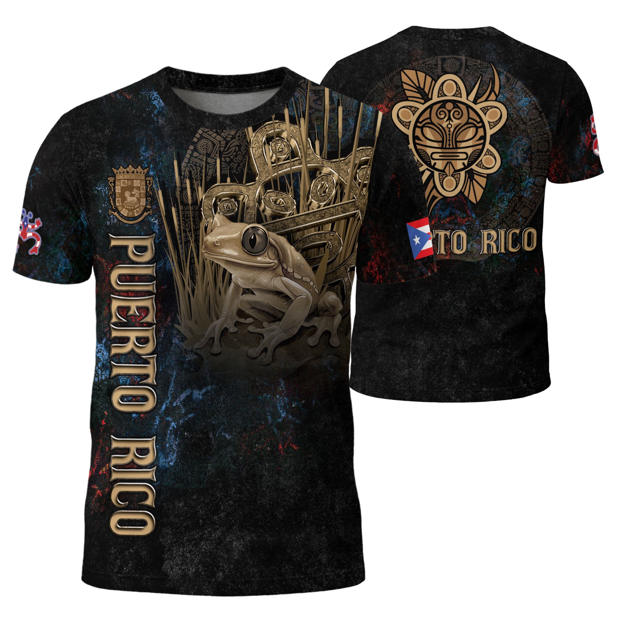 Puerto Rico Coqui Frog Taino Heritage Boricua Pride Gold Emblem Black Shirt