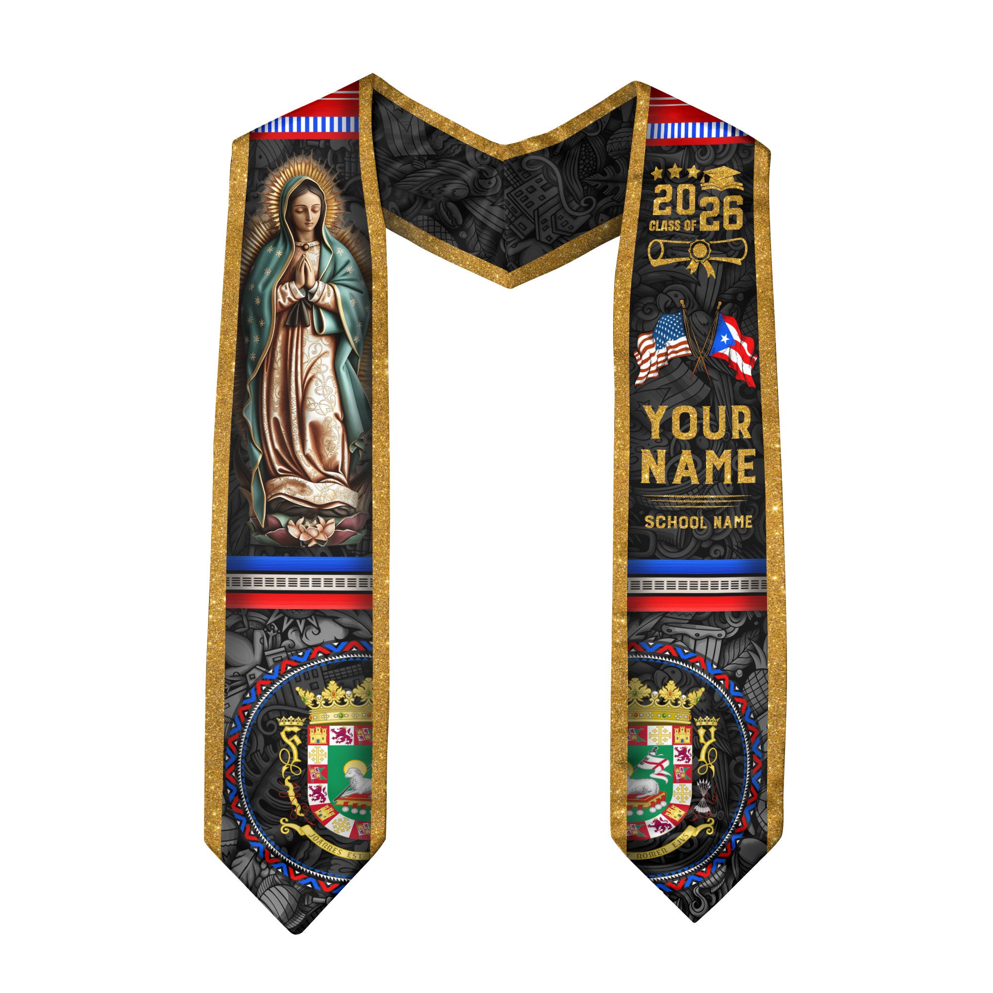 Custom Puerto Rico American Flag Graduation Sash Virgin Mary 2026 Graduation Stole