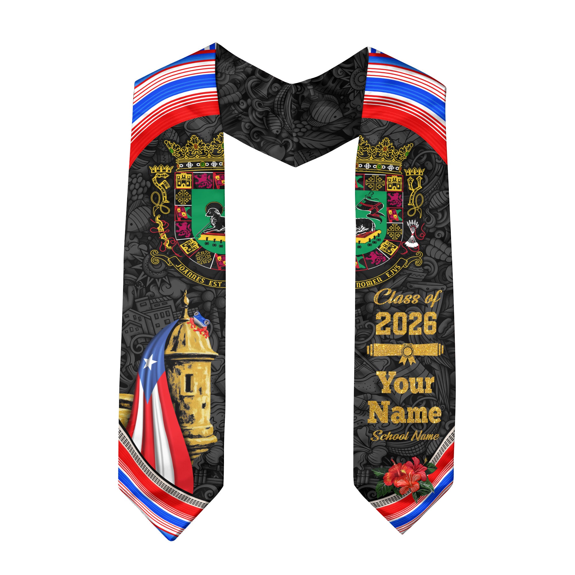 Custom Puerto Rico Graduation Stole 2026 El Morro Fortress Coat of Arms Graduation Sash