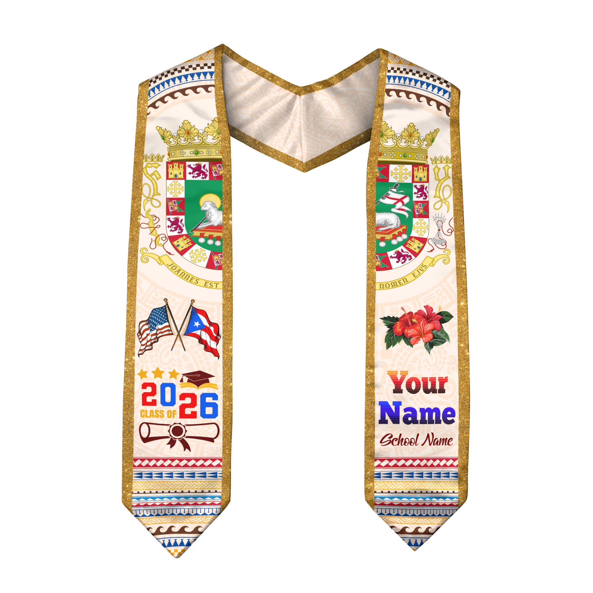 Puerto Rico Graduation Stole 2026 Custom Puerto Rican American Flag Sash Class of 2026
