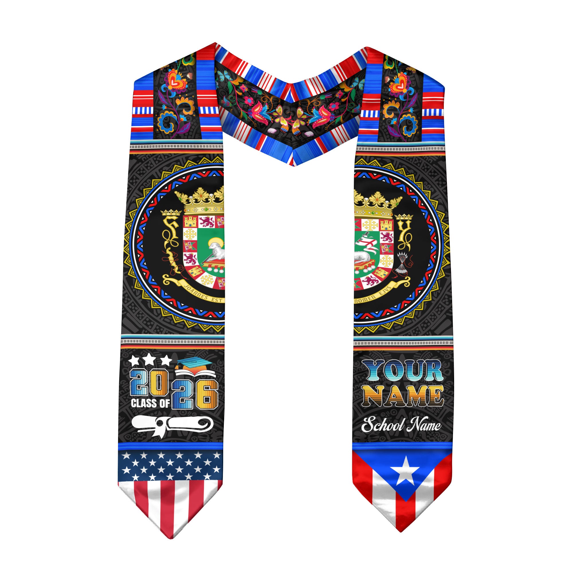 Custom Puerto Rico Graduation Stole 2026 Heritage American Flag Sash Class of 2026