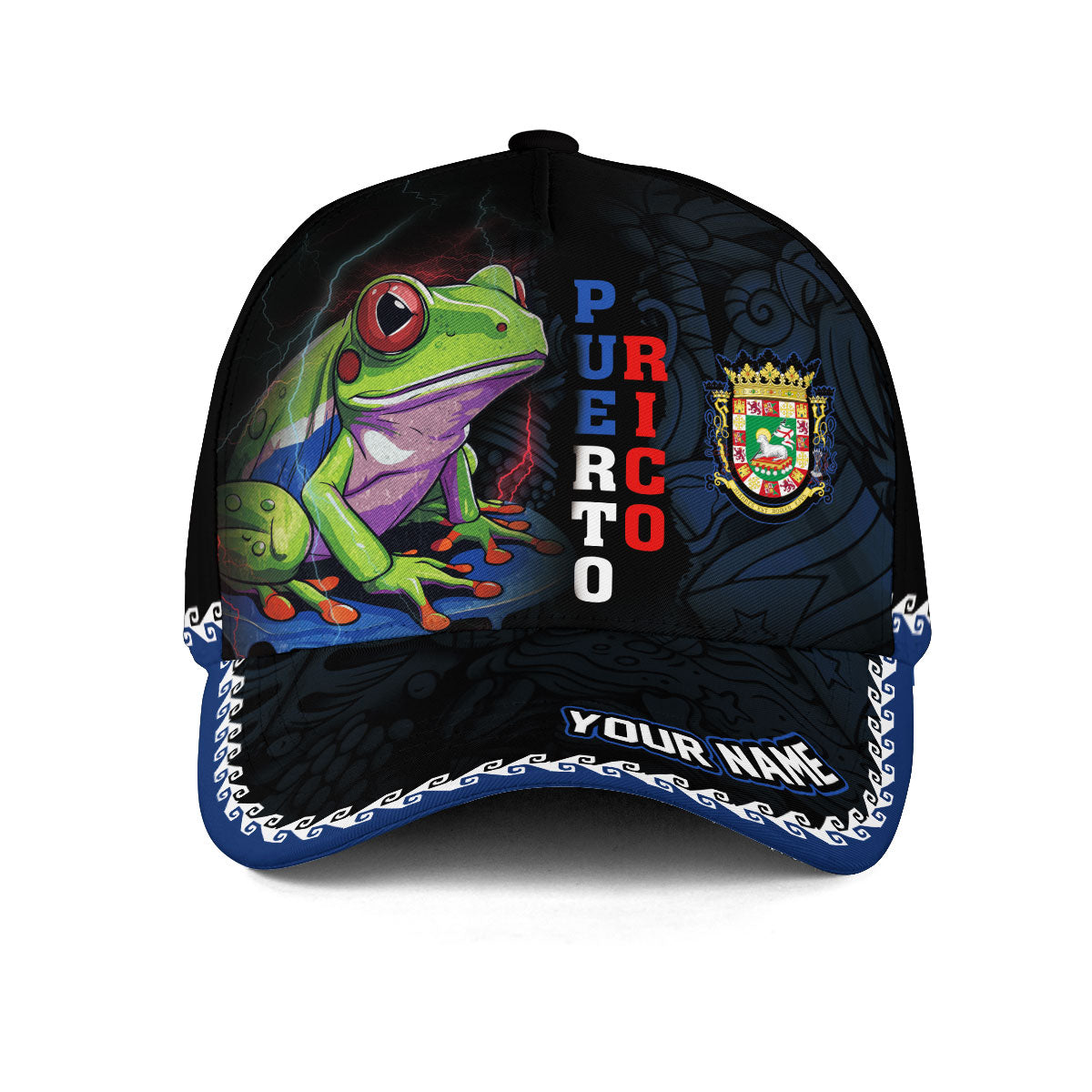 Puerto Rico Baseball Cap Coqui Frog Wave Design Custom Name Boricua Heritage Hat