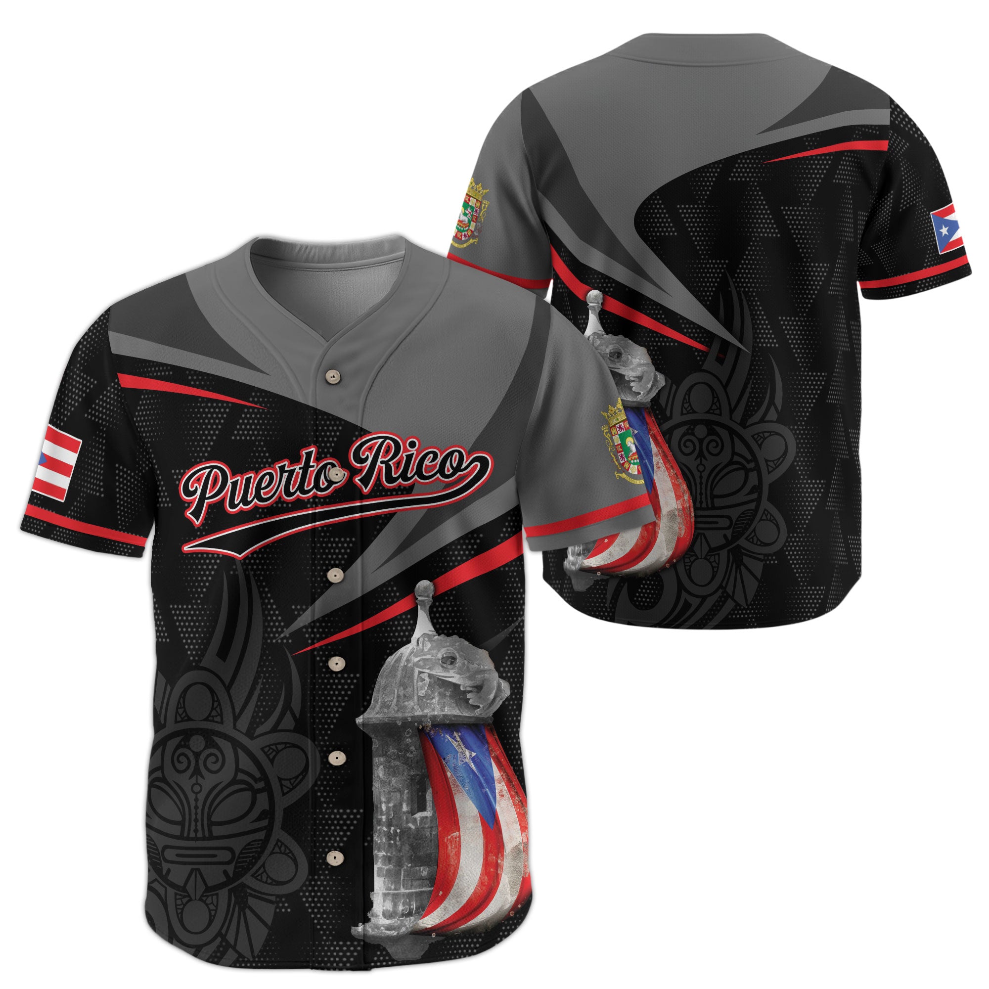 Puerto Rico Heritage Fortress Gray Black Tribal Graphic Boricua Baseball Jersey