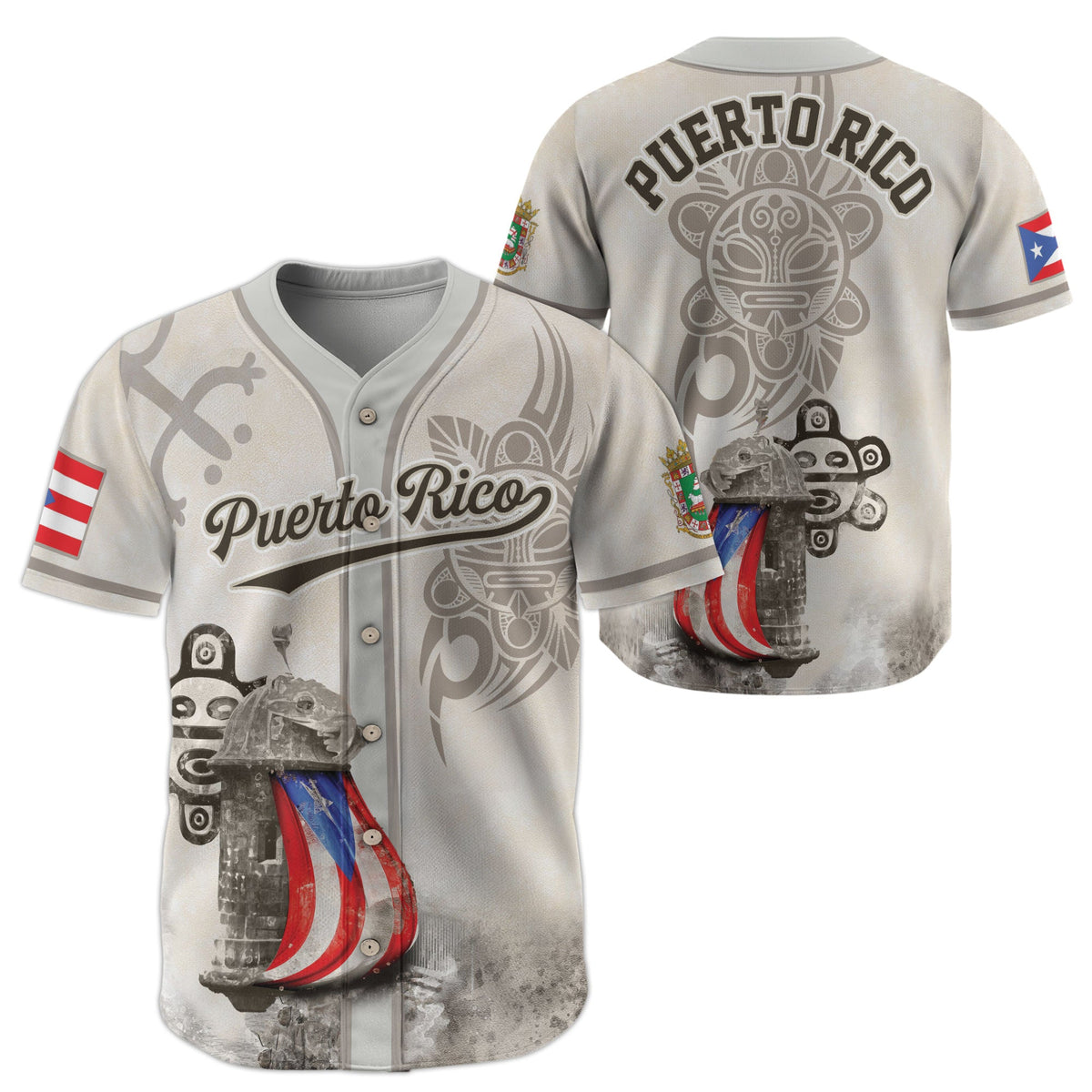 Puerto Rico Baseball Jersey in Heritage White for Men and Women, Beige Boricua Fortress Tribal Graphic, Bold Puerto Rico Shirts for Fans, Northryn Co.
