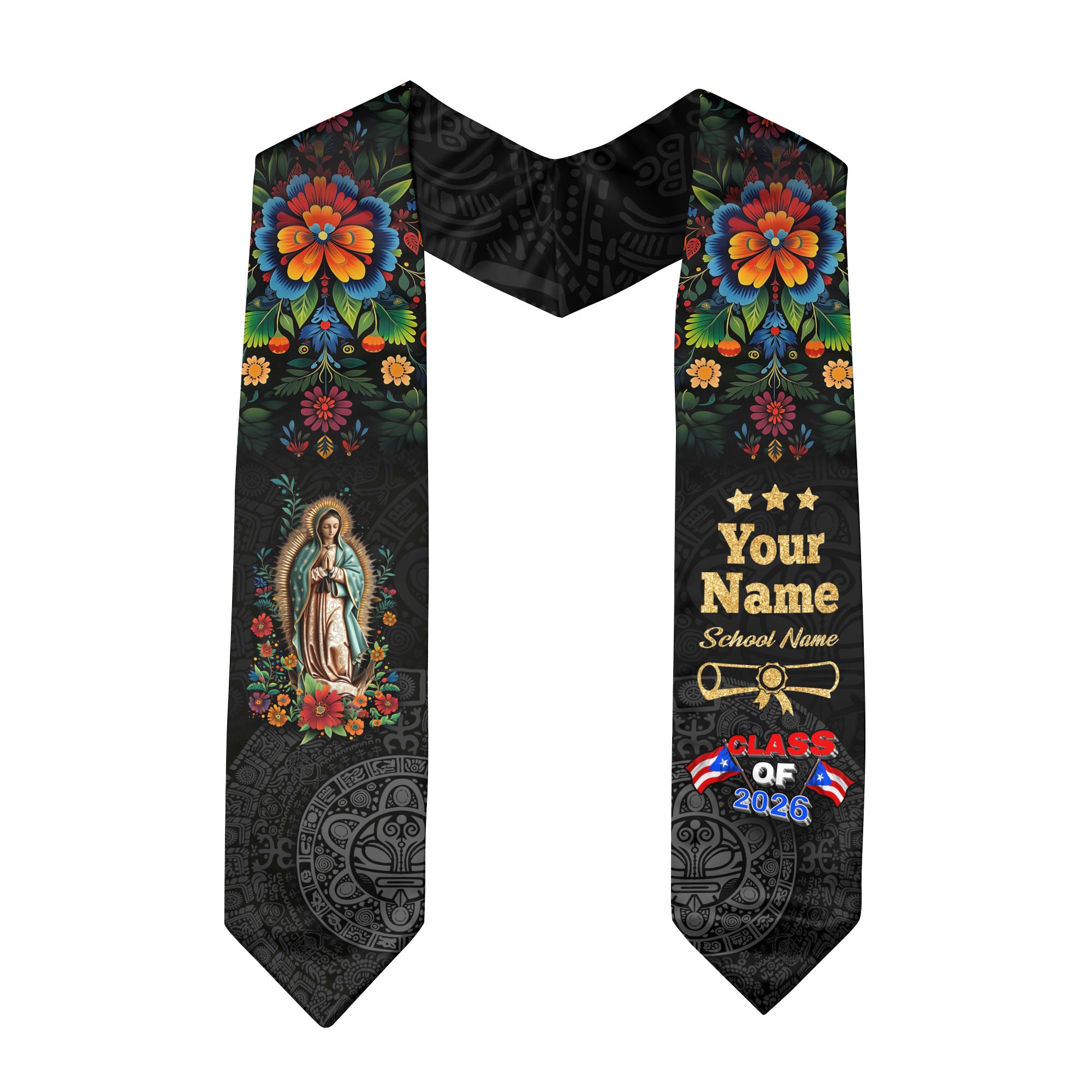 Custom Puerto Rico Flag Graduation Stole Class of 2026 Virgin Mary Floral Sash