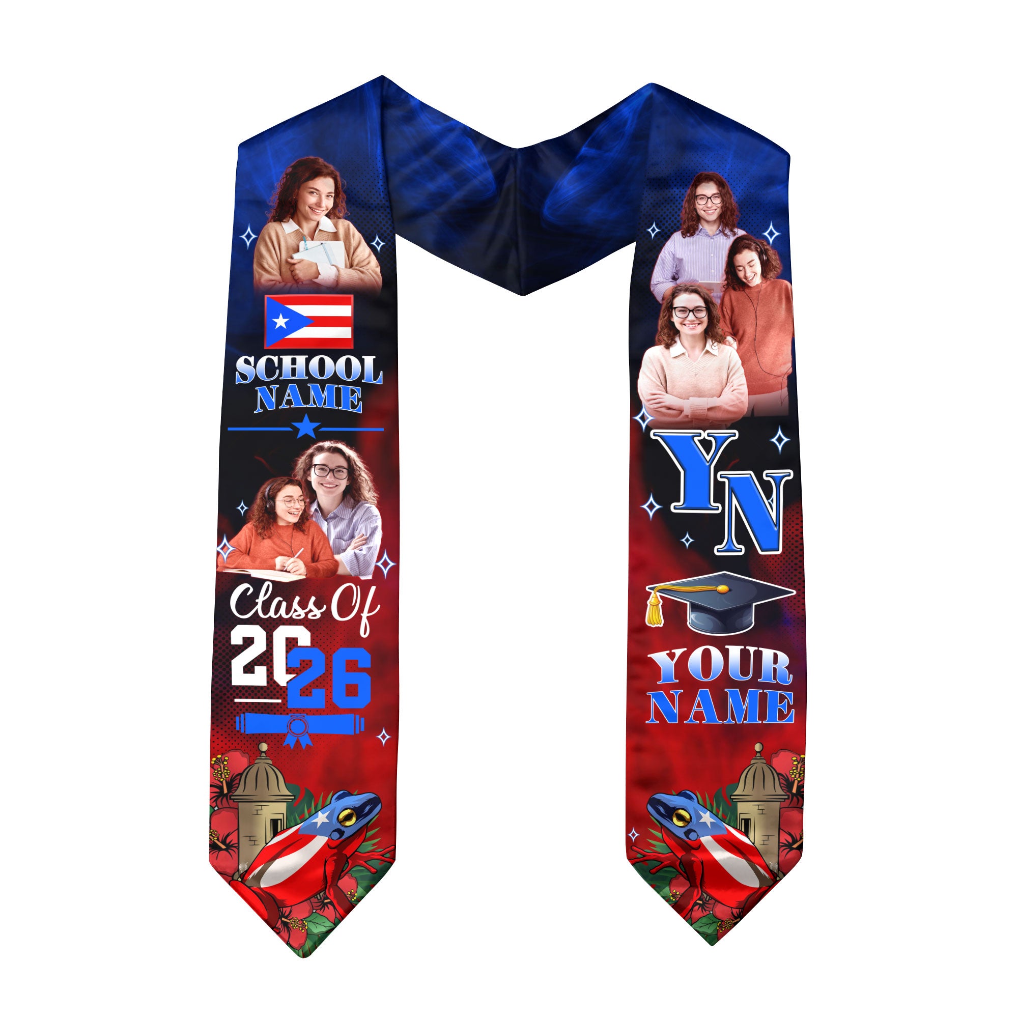 Custom Photo Name Puerto Rico Flag Coqui Frog Class of 2026 Personalized Graduation Sash