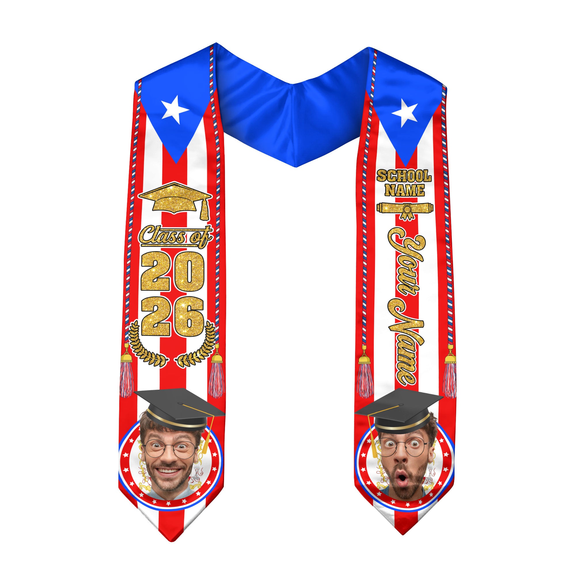 Custom Photo Name Puerto Rico Flag Gold Glitter Class of 2026 Graduation Sash