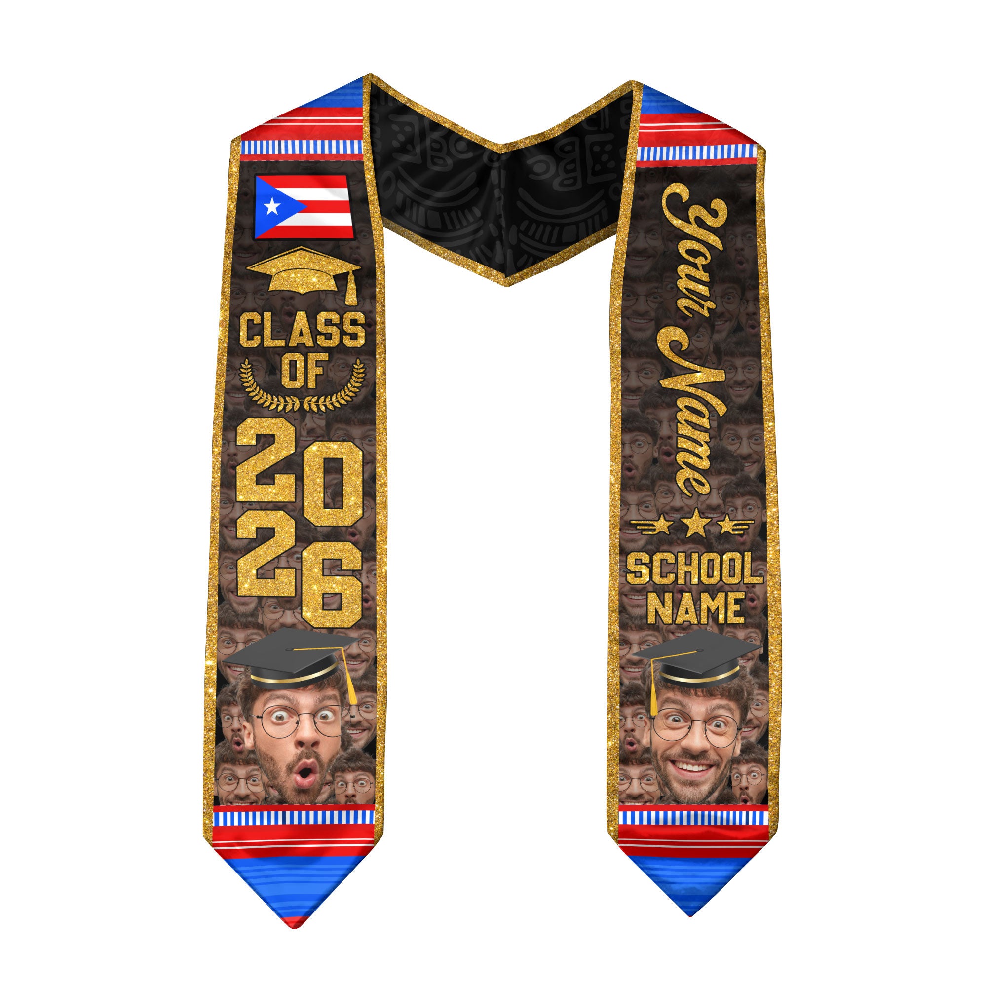 Custom Photo Name Puerto Rico Flag Taino Tribal Class of 2026 Graduation Stole