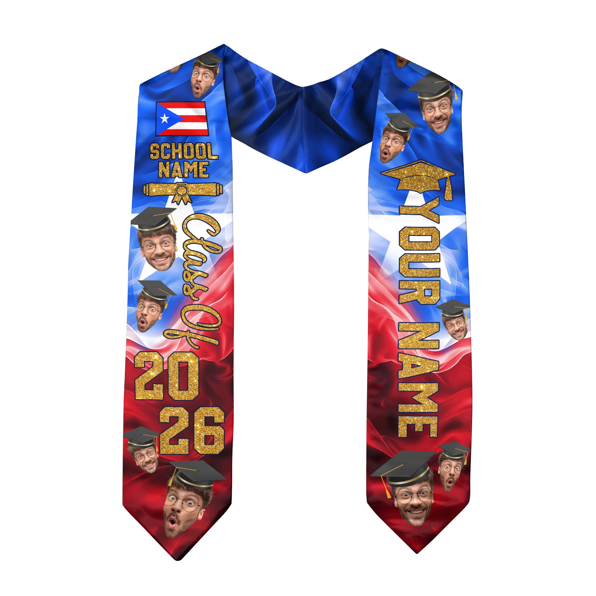 Custom Photo Face Puerto Rico Flag Graduation Class of 2026 Personalized Graduation Sash