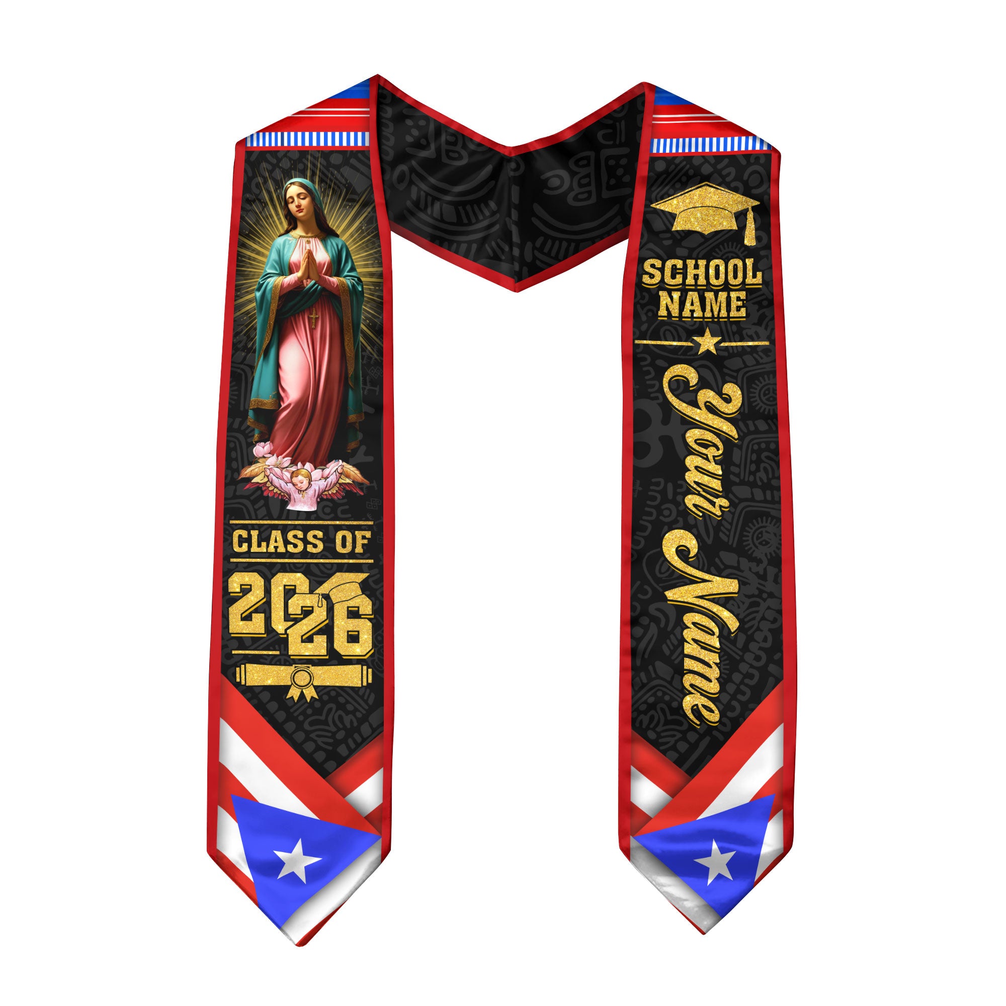 Custom Puerto Rico Flag Virgin Mary Taino Tribal Class of 2026 Graduation Stole