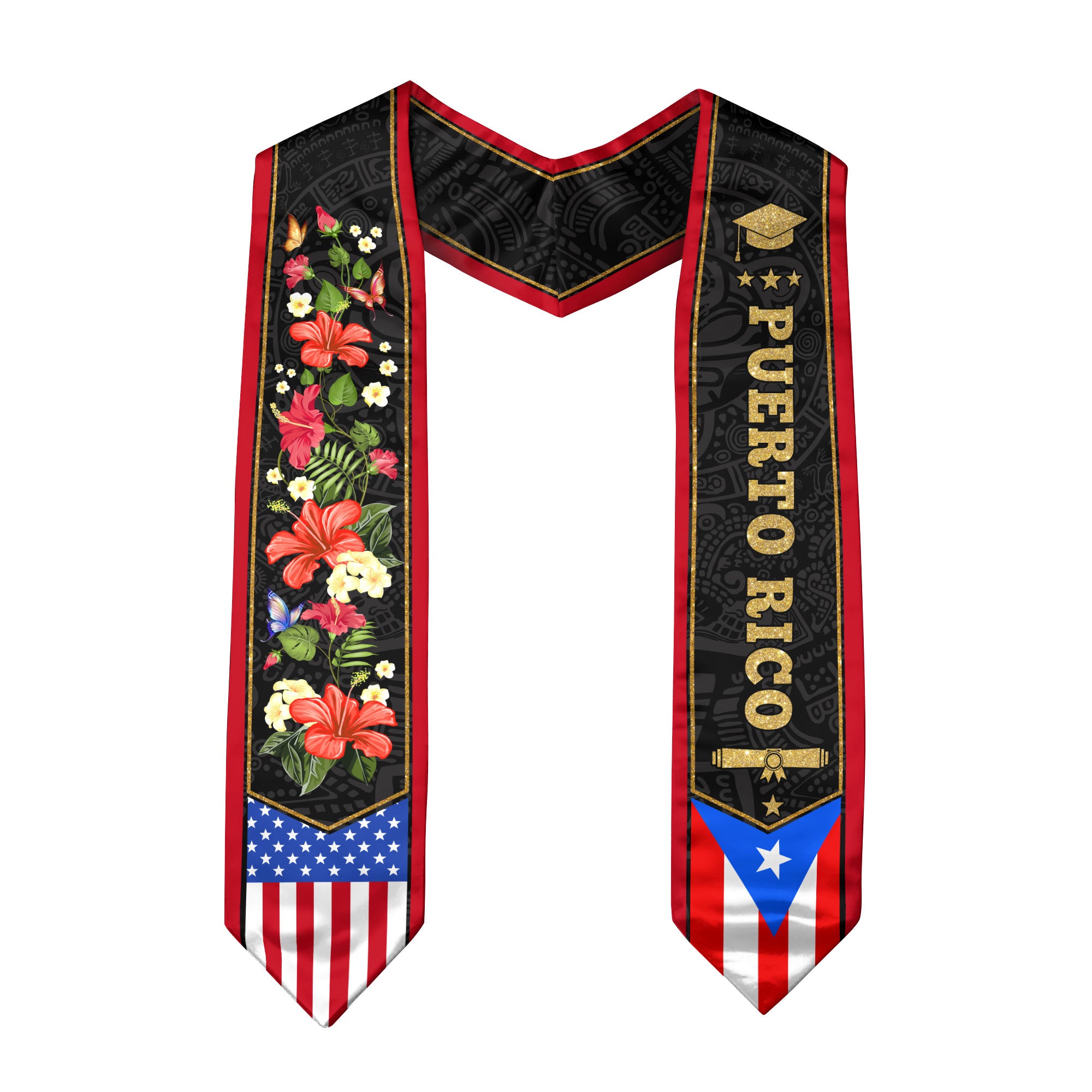 Puerto Rico USA Flag Hibiscus Floral Heritage Class of 2026 Graduation Sash Graduation Stole
