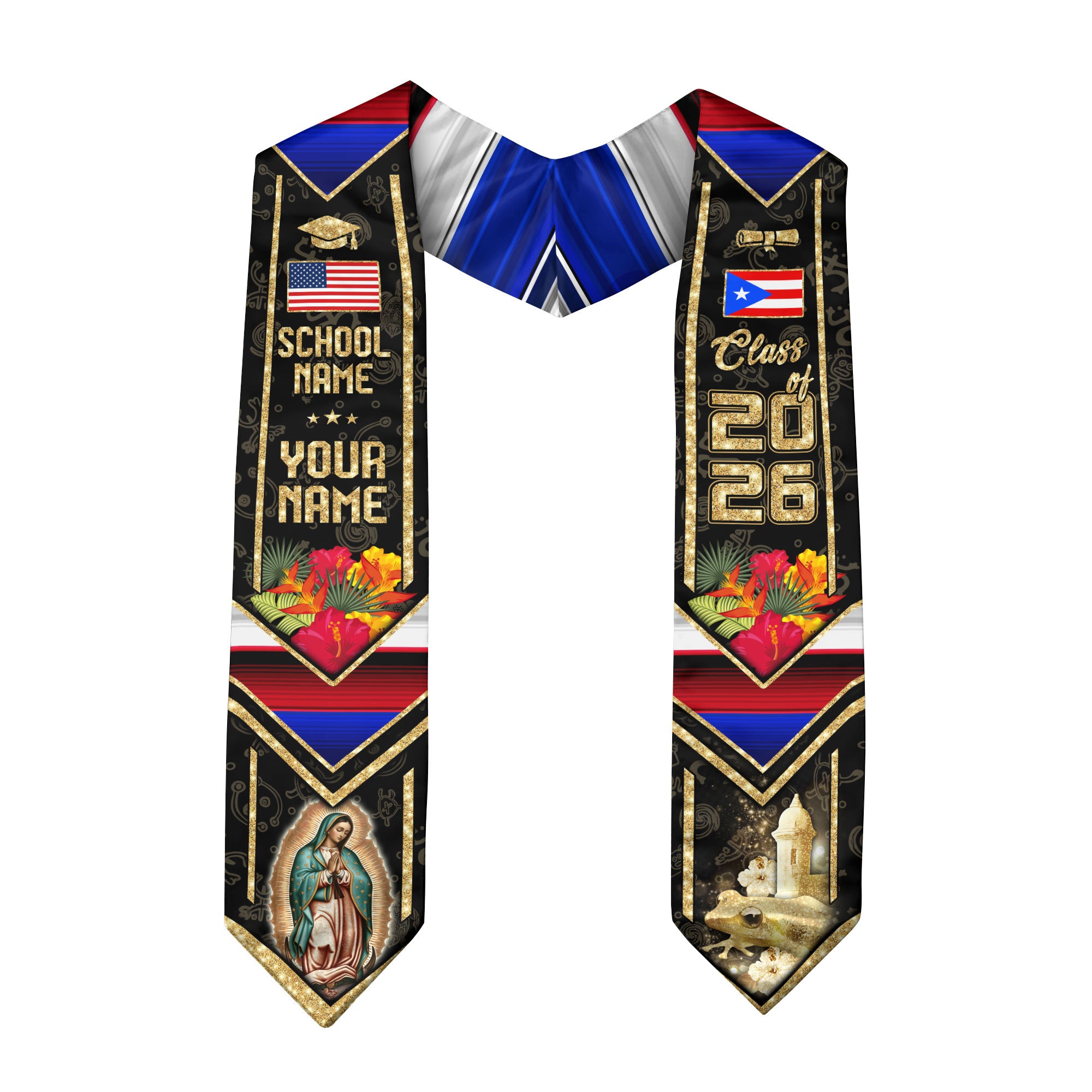 Custom Puerto Rico American Flag Graduation Sash Class of 2026 Puerto Rican Stole Coqui