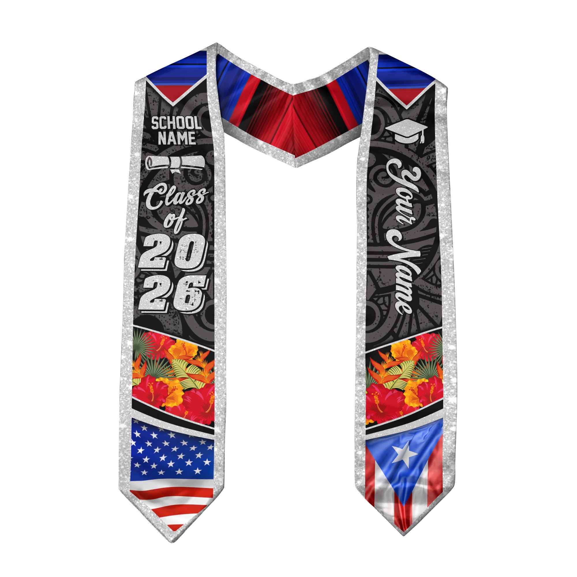 Custom Puerto Rico American Flag Graduation Sash 2026 Glitter Puerto Rican Stole Floral