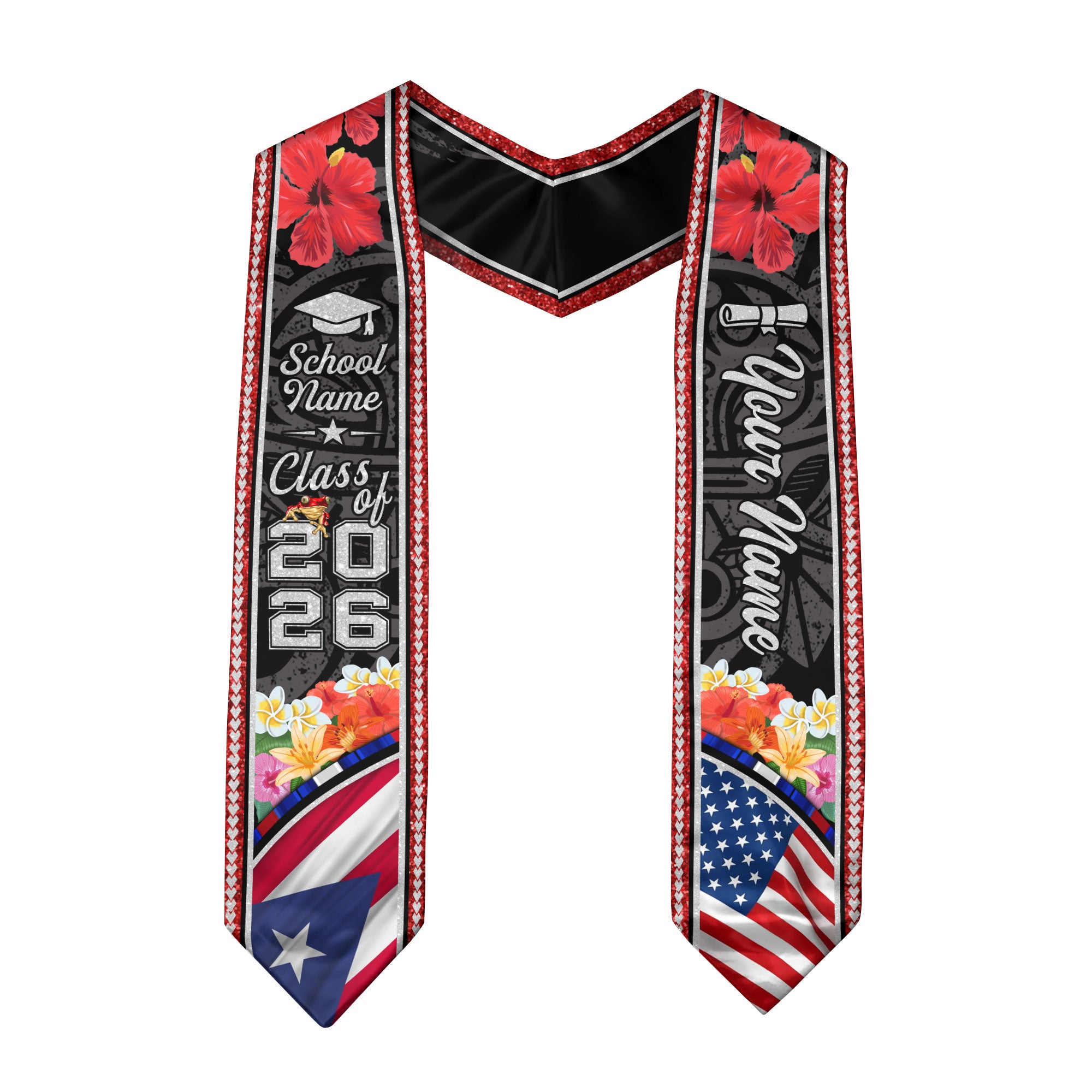 Custom Puerto Rico American Flag Graduation Sash 2026 Floral Glitter Tribal Puerto Rican Stole