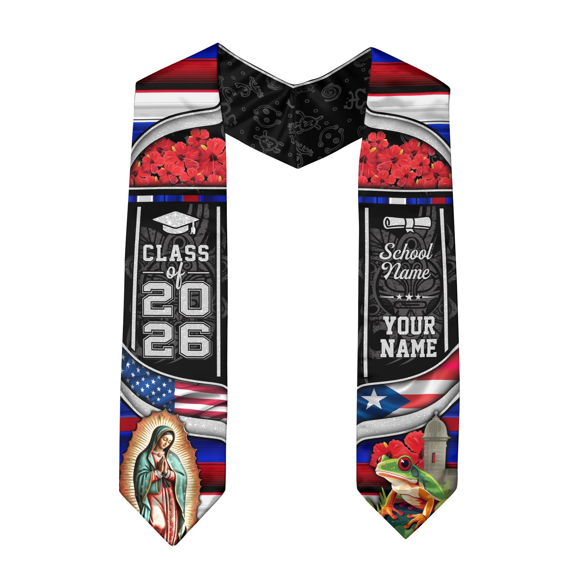 Custom Puerto Rico USA Flag 2026 Virgin Mary Coqui Puerto Rico Graduation Stole