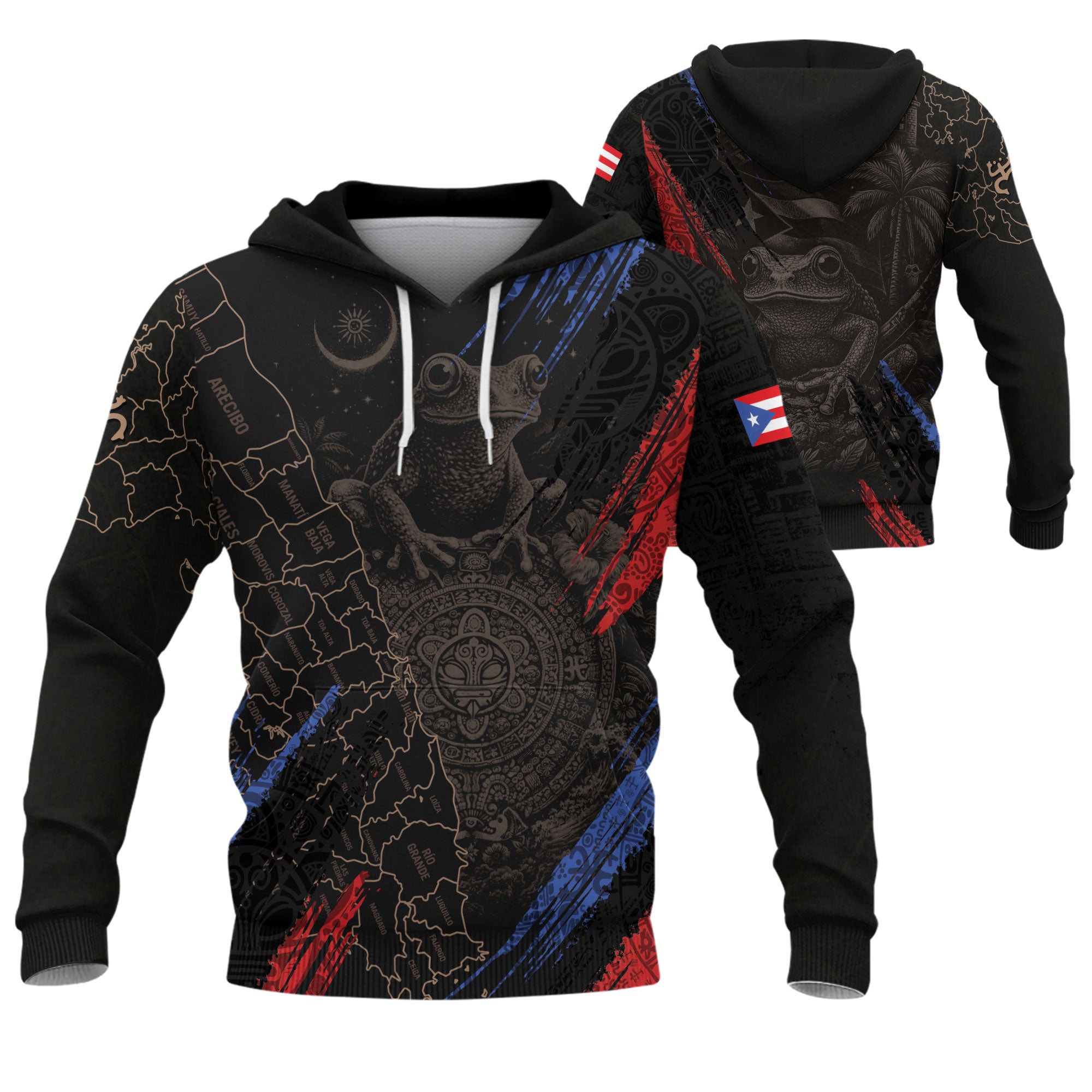 Puerto Rico Map Boricua Coqui Frog Taino Tribal Black Red Blue Heritage Hoodie