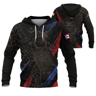 Puerto Rico Hoodies with Map Boricua, Coqui Frog Taino Tribal Black Red Blue Heritage, All Over Print Hoodies with Bold 3D Hoodies Style, Northryn Co.