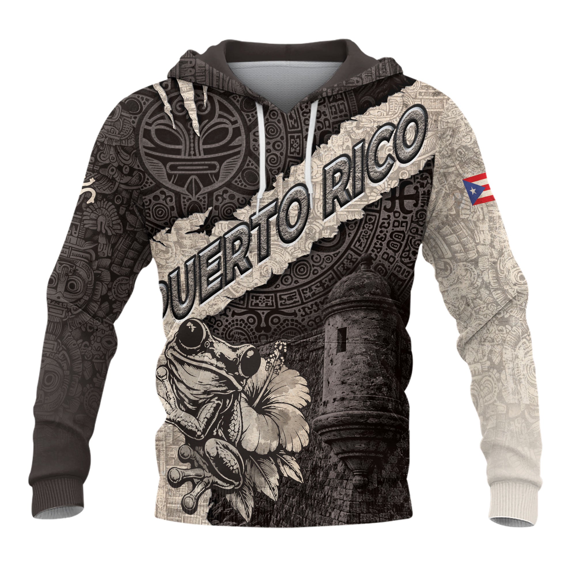 Puerto Rico Map Boricua Coqui Frog El Morro Taino Tribal Beige Gray Hoodie