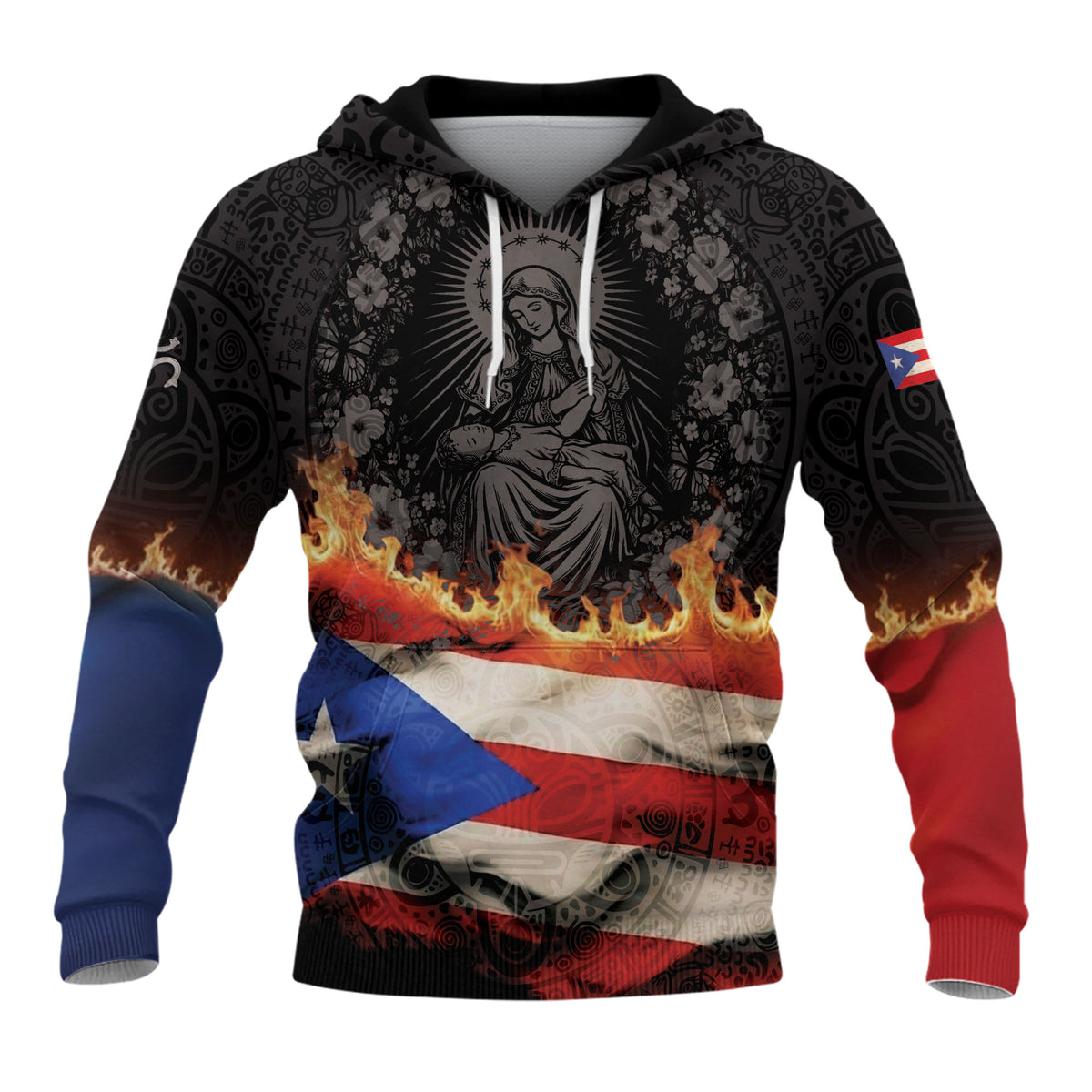 Puerto Rico Virgin Mary Catholic Flag Taino Tribal Boricua Black Red Blue Hoodie
