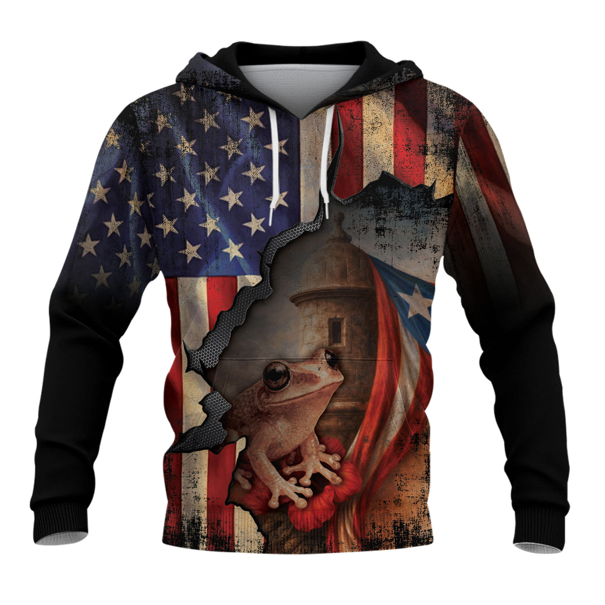 Puerto Rico USA Flag Boricua Coqui Frog El Morro Torn Black Red White Blue Hoodie