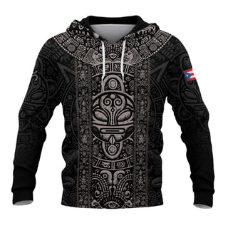 Puerto Rico Hoodies with Taino Tribal Mask, Sun Heritage National Pride Black Boricua, 3D Hoodies with All Over Print Hoodies Design, Northryn Co.