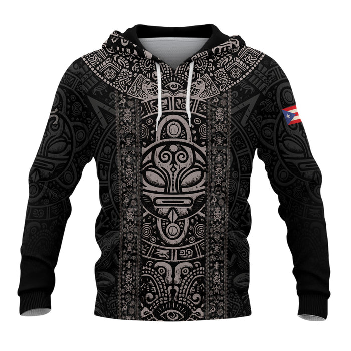 Puerto Rico Hoodies with Taino Tribal Mask, Sun Heritage National Pride Black Boricua, 3D Hoodies with All Over Print Hoodies Design, Northryn Co.