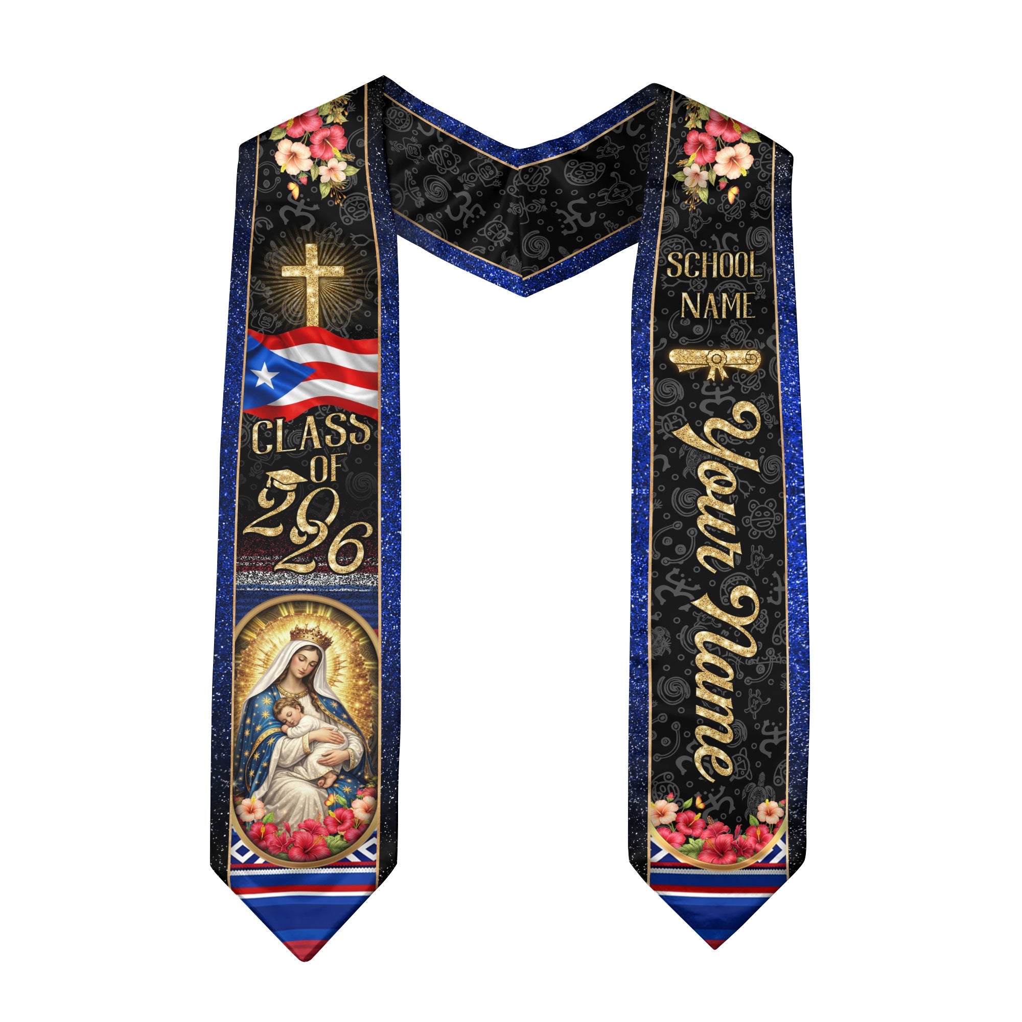 Custom Puerto Rico Graduation Stole Class of 2026 Virgin Mary Cross Catholic Sash Gift