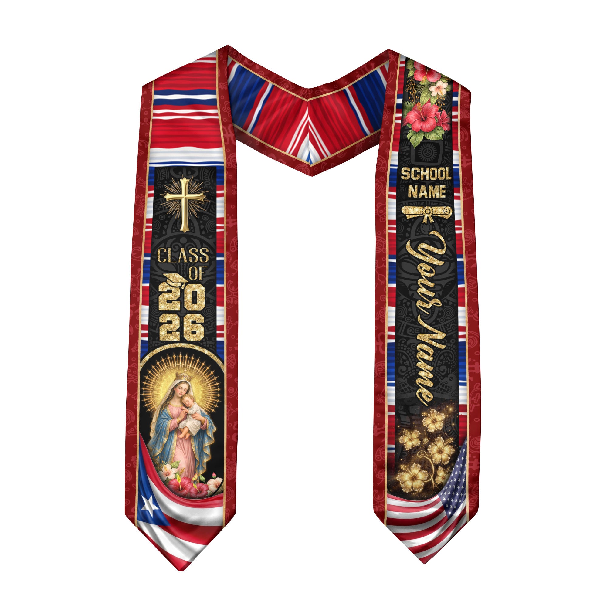 Custom Graduation Stole Class of 2026 Puerto Rico Virgin Mary Personalized Name Sash