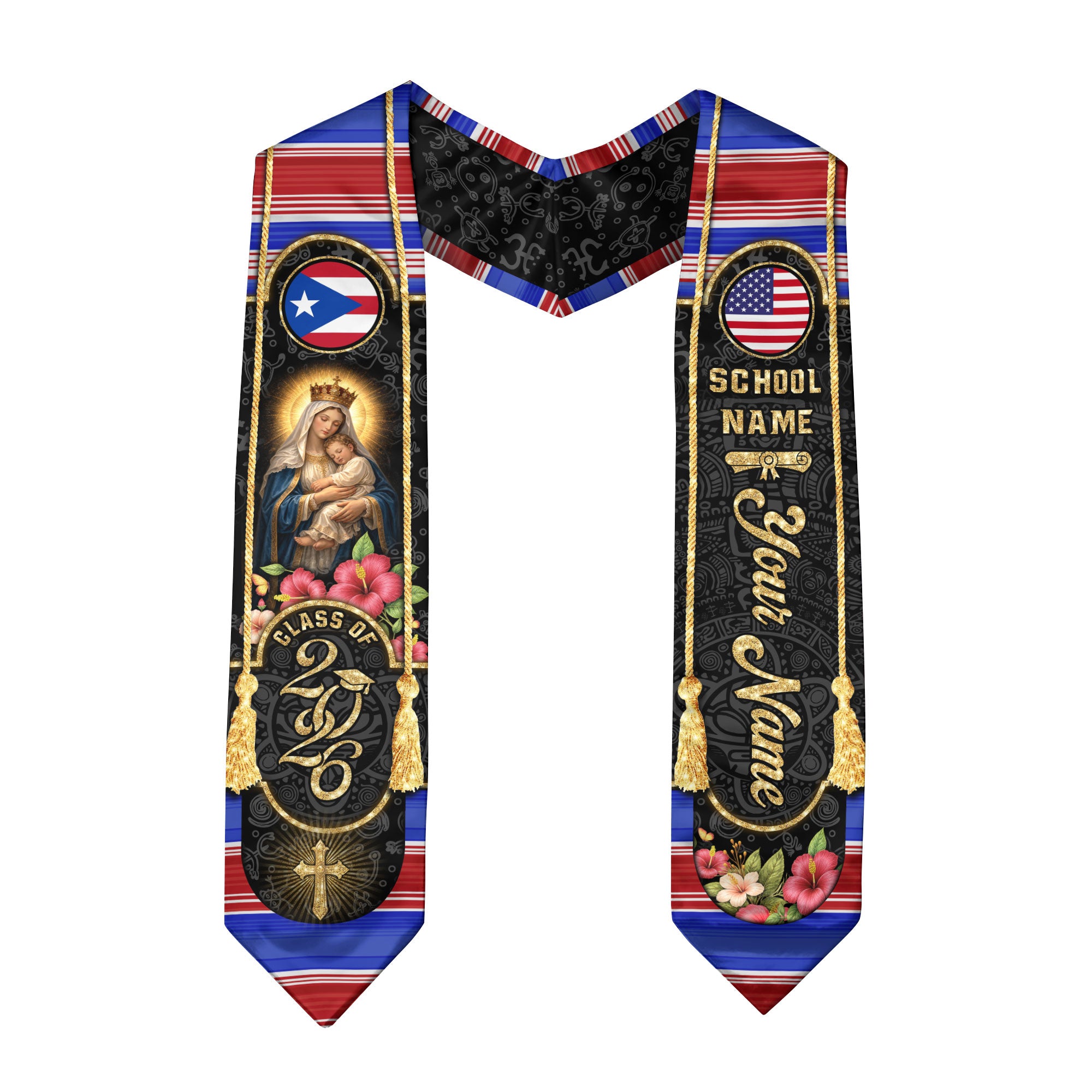 Custom Graduation Stole Class of 2026 Puerto Rico USA Virgin Mary Personalized Name Sash