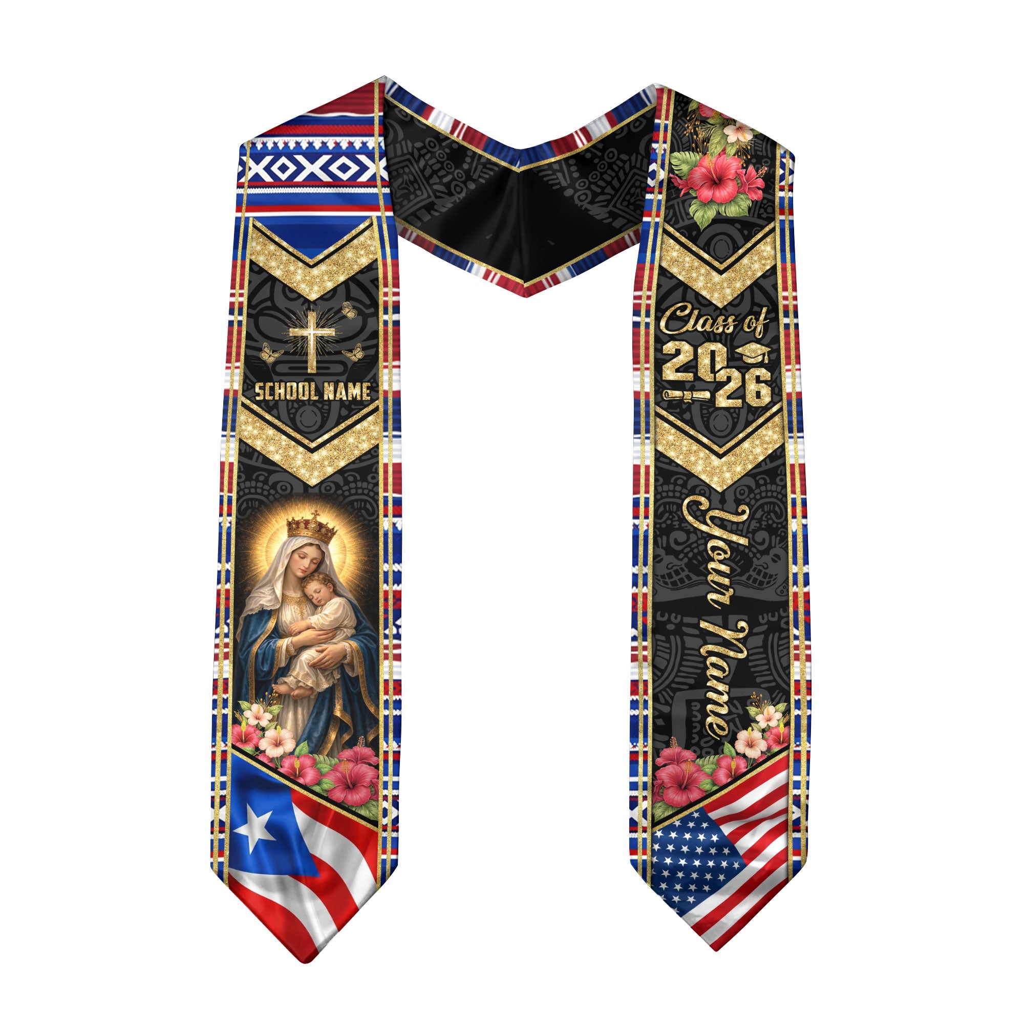 Custom Puerto Rico USA Graduation Stole 2026 Virgin Mary Cross Catholic Heritage Sash Gift