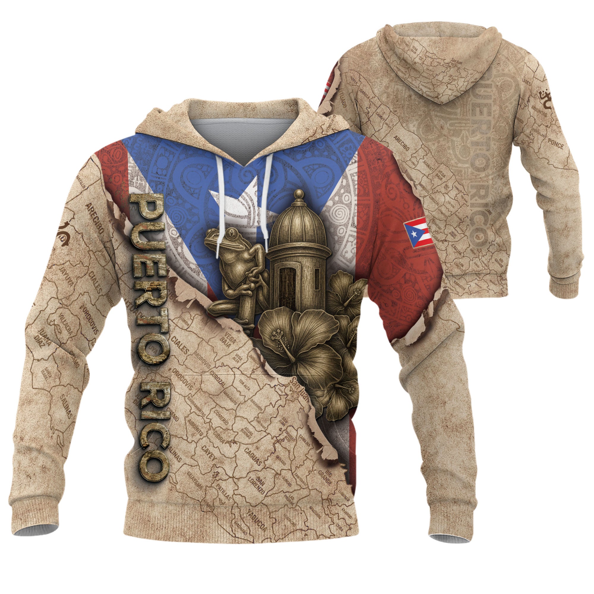Puerto Rico Culture Map Coqui Frog Garita Boricua Pride Heritage Beige Mens Hoodie