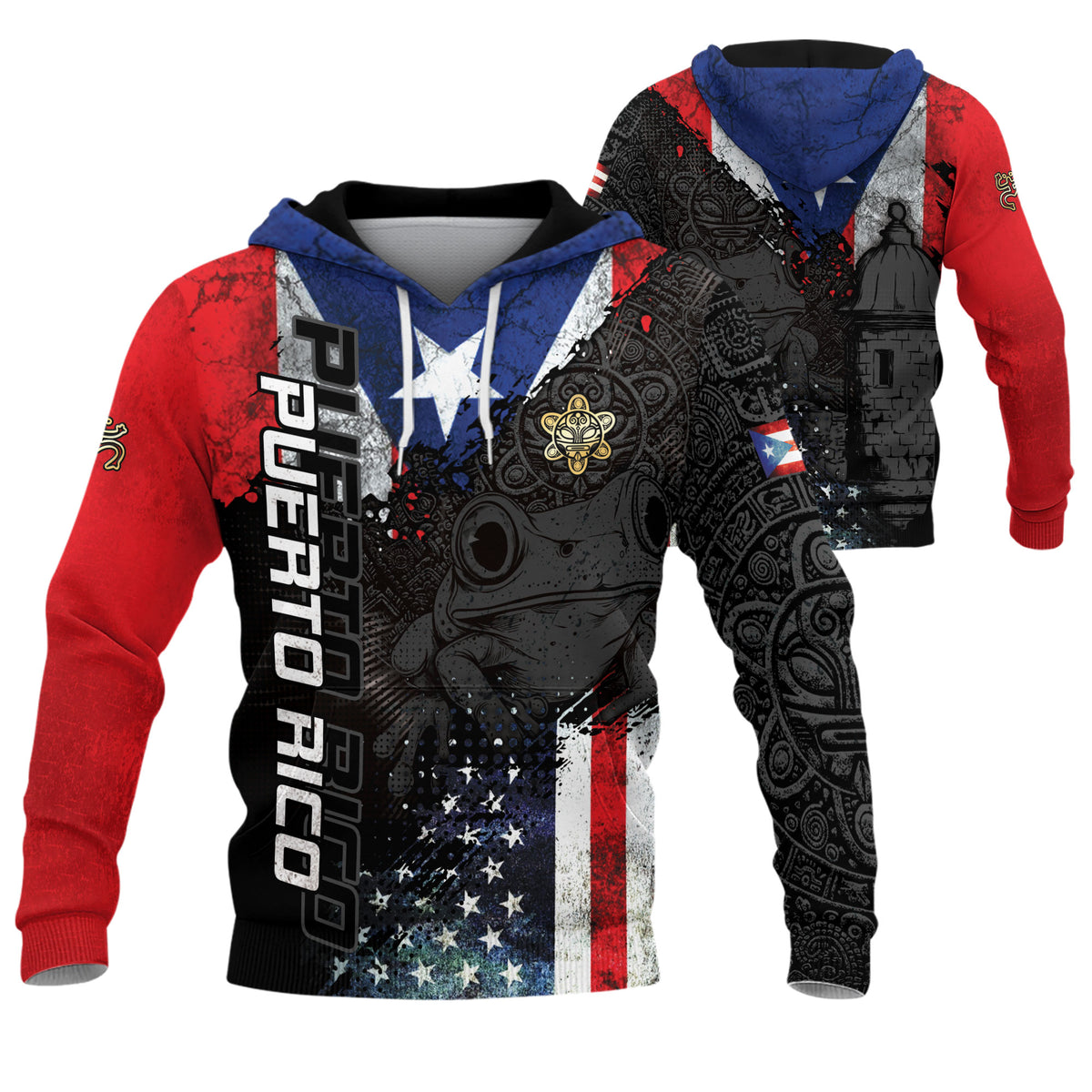 Puerto Rico Flag Coqui Frog El Morro Boricua Tribal Black Red Blue Heritage Hoodie