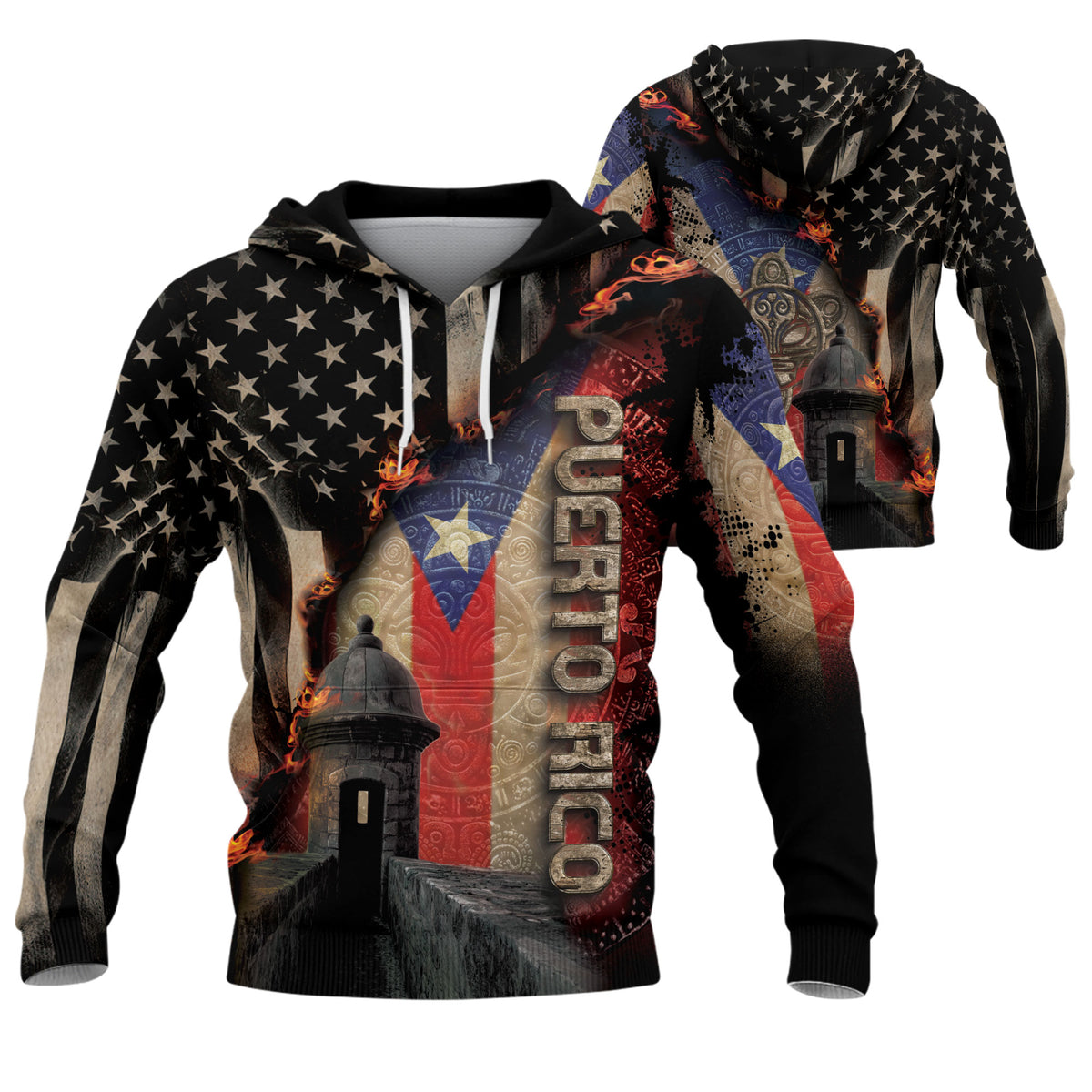 Puerto Rico USA Flag Boricua El Morro Taino Tribal Black Gold Heritage Hoodie