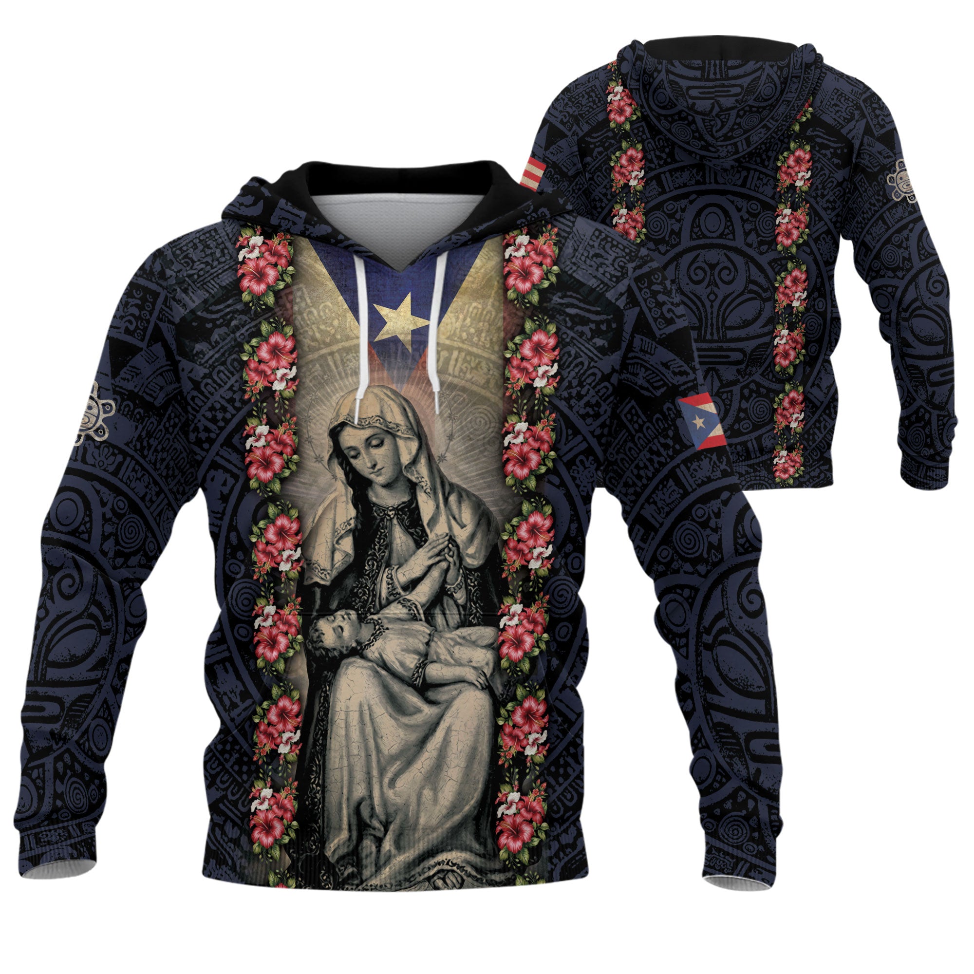 Puerto Rico Flag Boricua Virgin Mary Hibiscus Black Navy Tribal Heritage Hoodie
