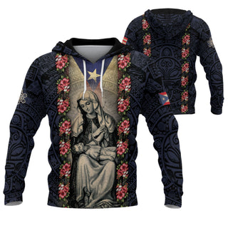 Puerto Rico Hoodies with Flag Boricua, Virgin Mary Hibiscus Black Navy Tribal Heritage, 3D Hoodies with All Over Print Hoodies Design, Northryn Co.