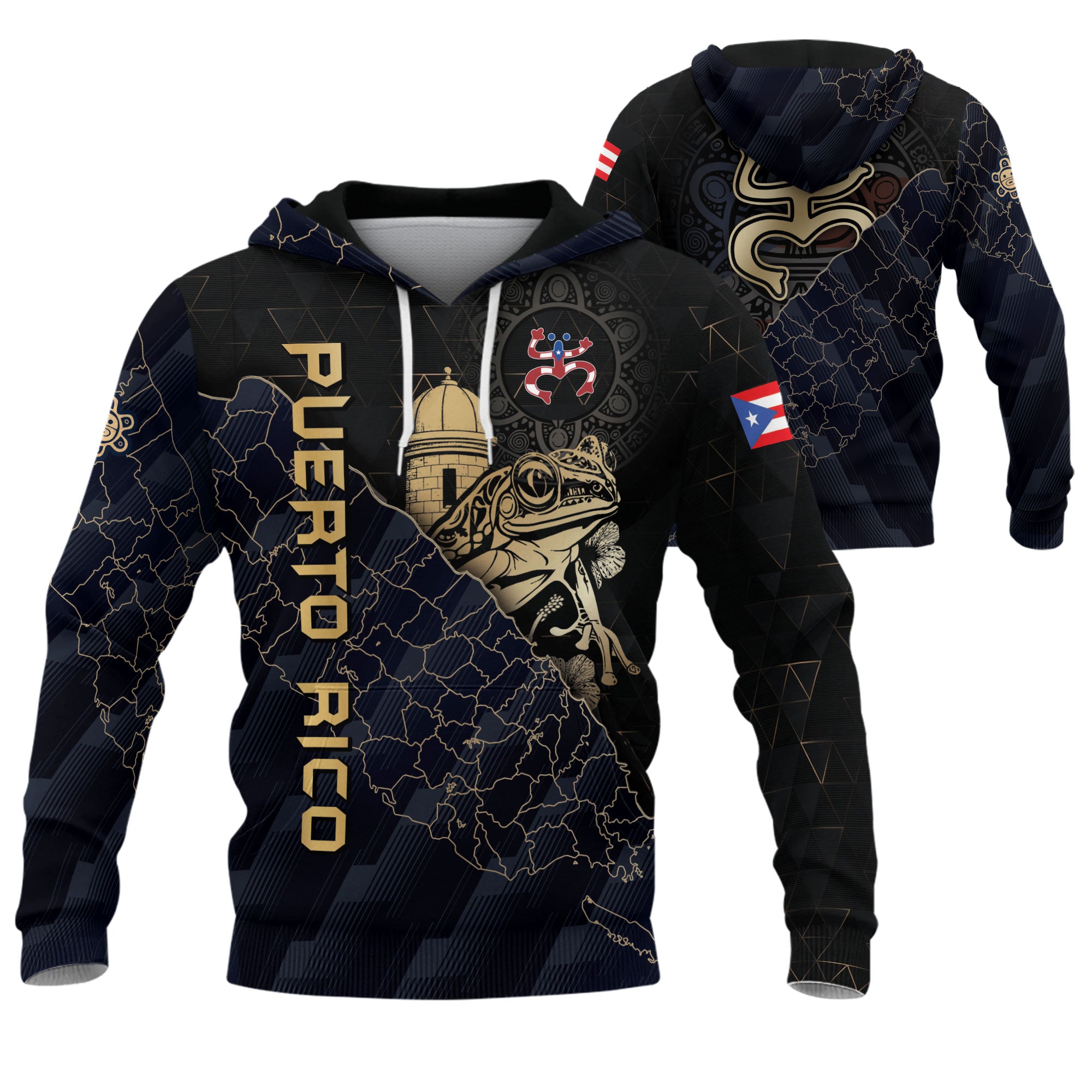 Puerto Rico Map Boricua Coqui Frog El Morro Taino Tribal Black Navy Gold Hoodie