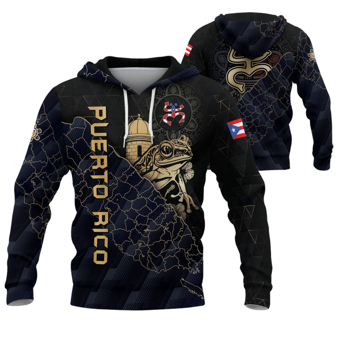 Map Boricua Black Navy Puerto Rico Hoodies, Coqui Frog El Morro Taino Tribal Gold, All Over Print Hoodies with Bold 3D Hoodies Style, Northryn Co.