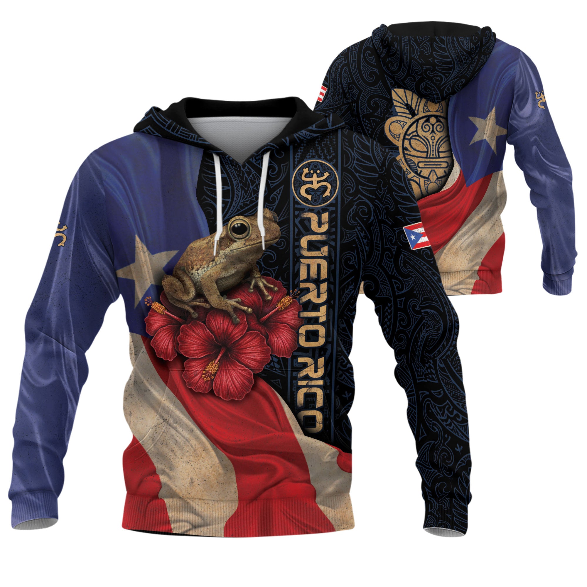 Puerto Rico Flag Boricua Coqui Frog Hibiscus Flower Taino Tribal Black Gold Hoodie