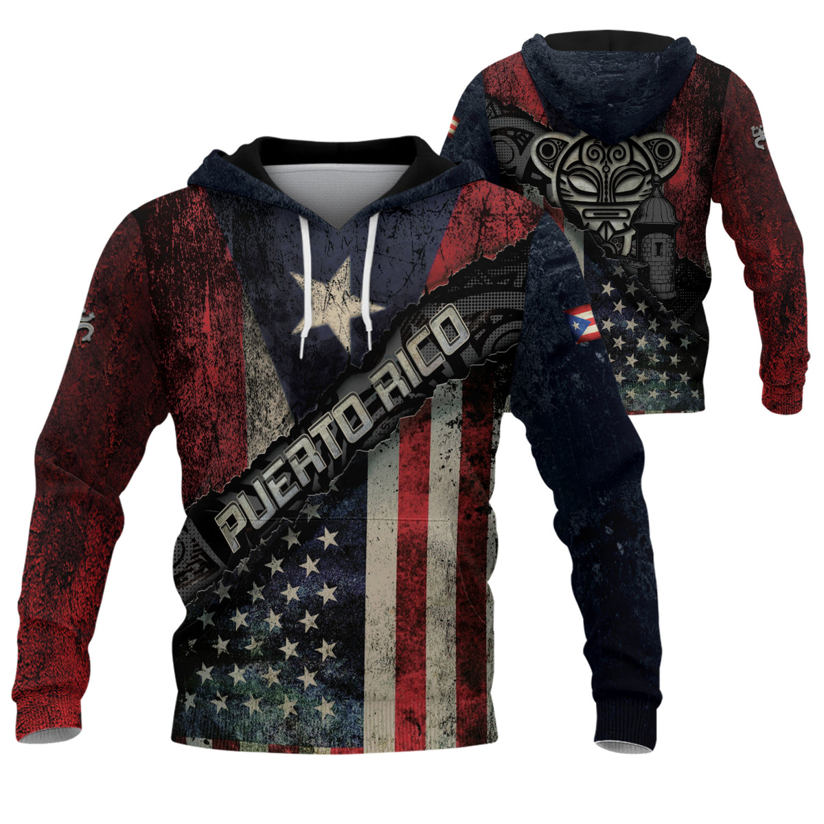 Puerto Rico USA Flag Boricua Taino Tribal Patriotic National Blue White Red Hoodie