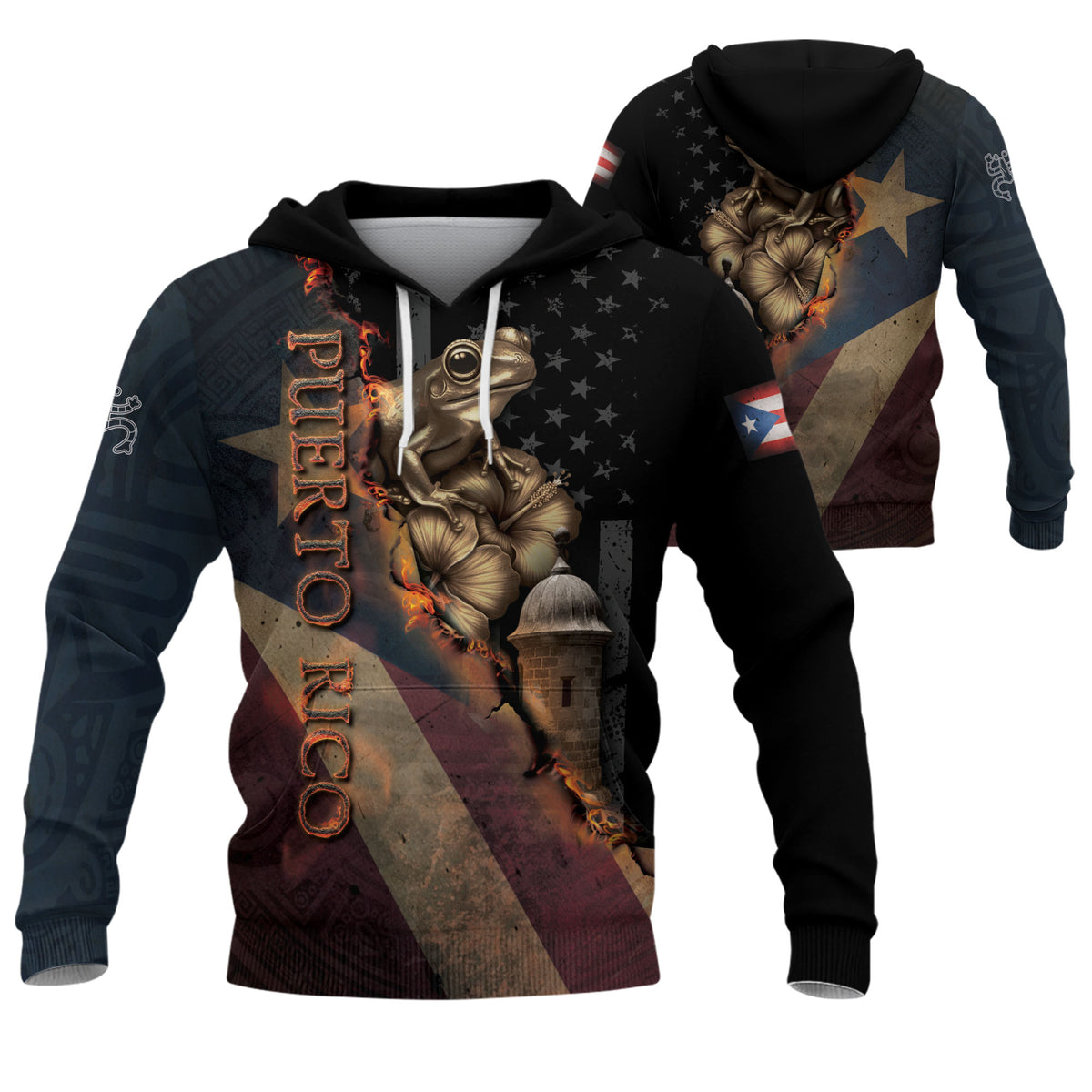 Puerto Rico Flag Boricua Coqui Frog El Morro Taino Tribal Black Gold Heritage Hoodie