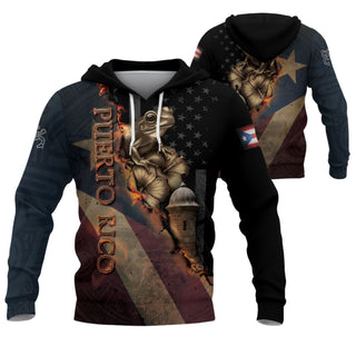 Puerto Rico Hoodies with Flag Boricua, Coqui Frog El Morro Taino Tribal Black Gold, All Over Print Hoodies with Bold 3D Hoodies Style, Northryn Co.
