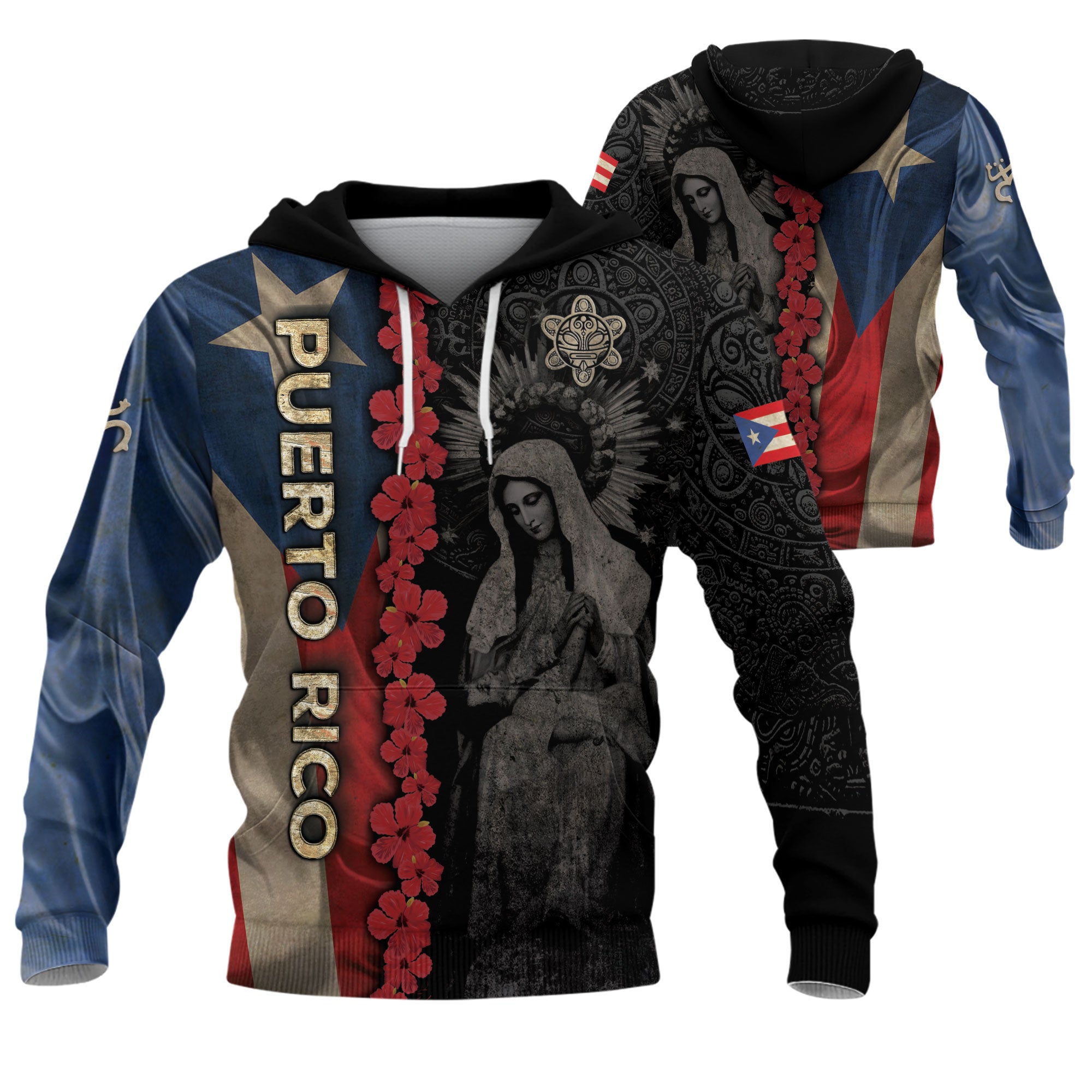 Puerto Rico Flag Boricua Virgin Mary Blessed Mother Taino Black Gold Hoodie