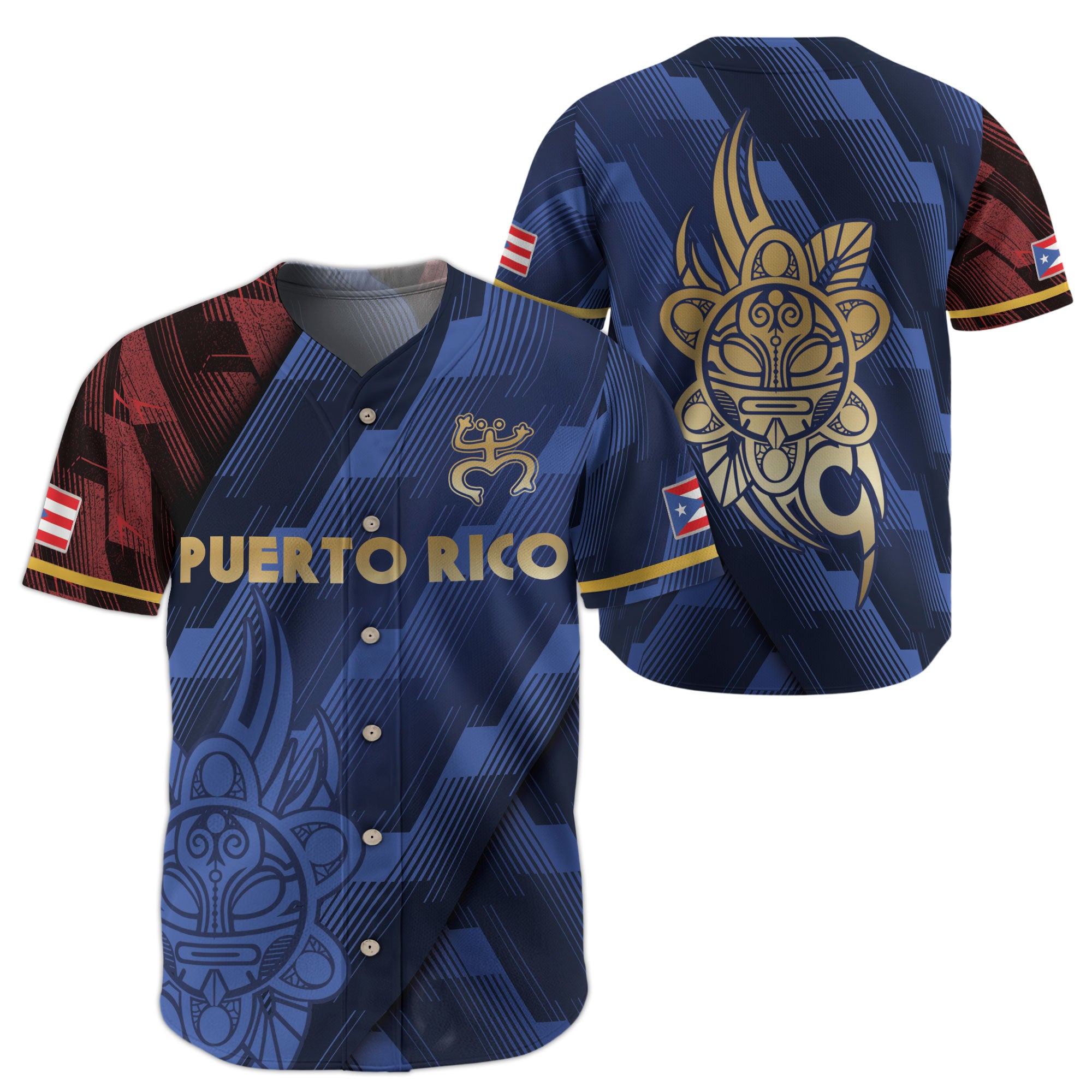 Puerto Rico Boricua Navy Blue Gold Tribal Sun National Heritage Baseball Jersey