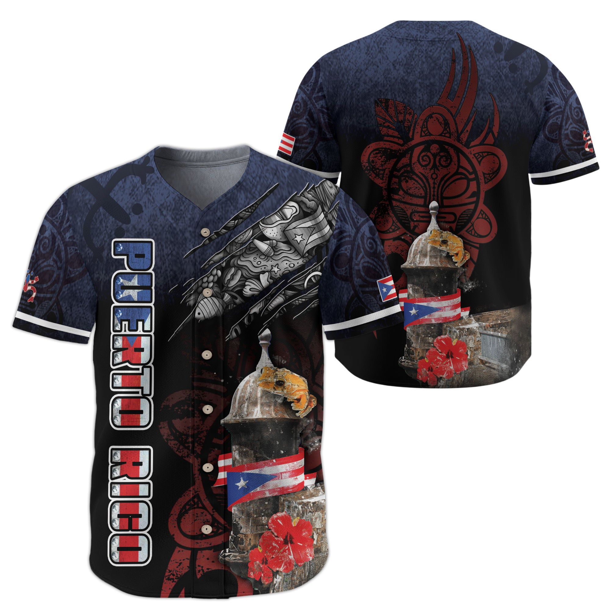 Puerto Rico Boricua Fortress Coqui Frog Hibiscus Floral Graphic Baseball Jersey