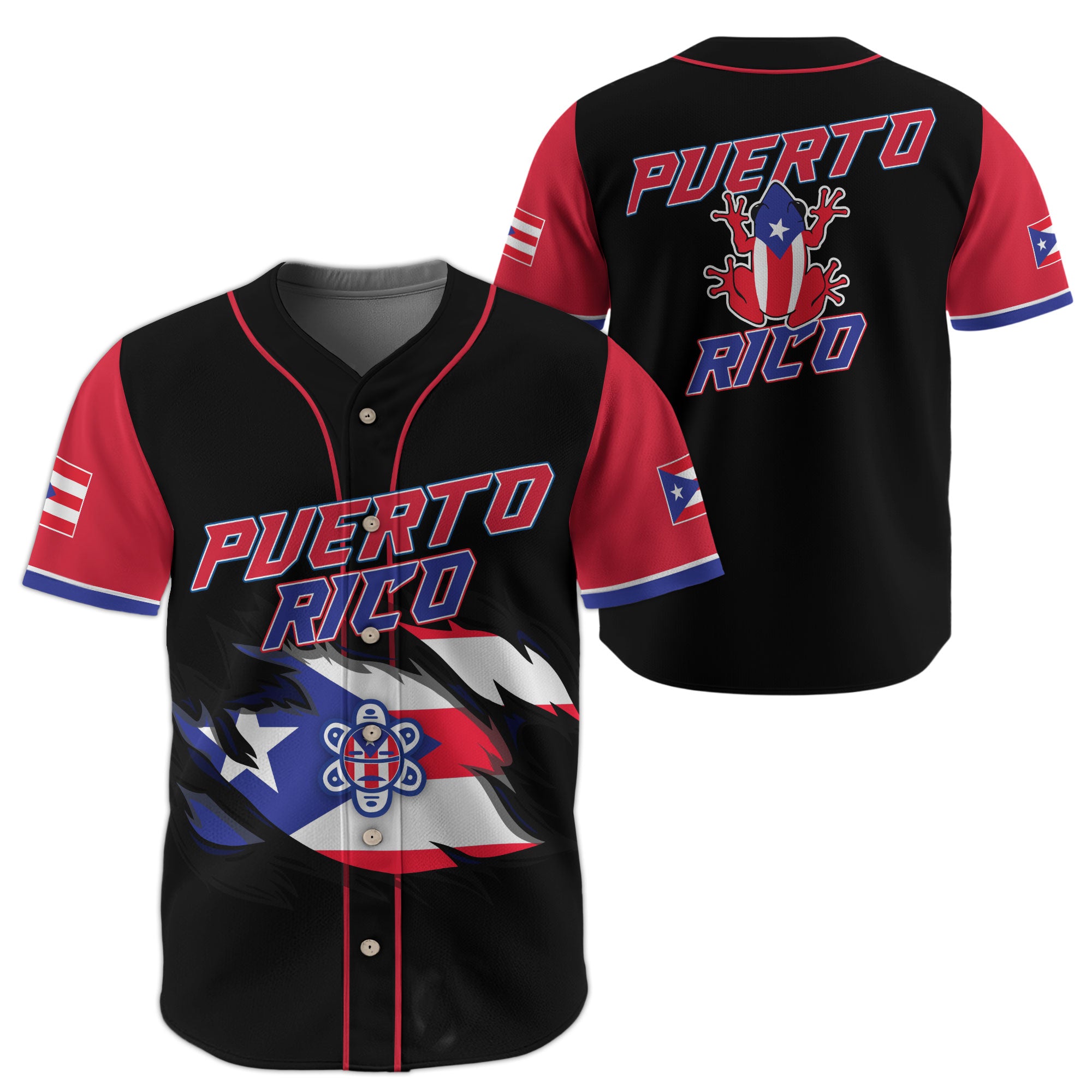 Puerto Rico Boricua Black Red Torn Flag Coqui Frog Heritage Baseball Jersey