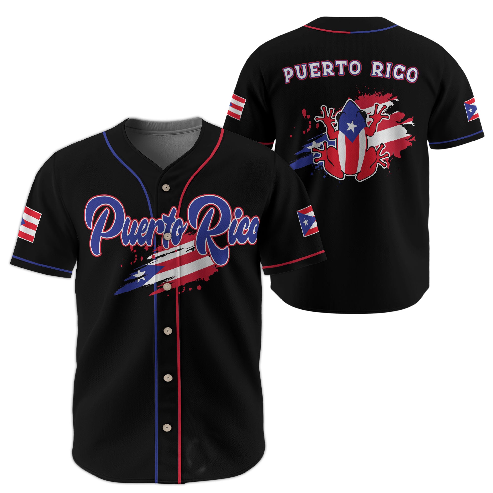 Puerto Rico Boricua Black Blue Red Splatter Coqui Frog Heritage Baseball Jersey