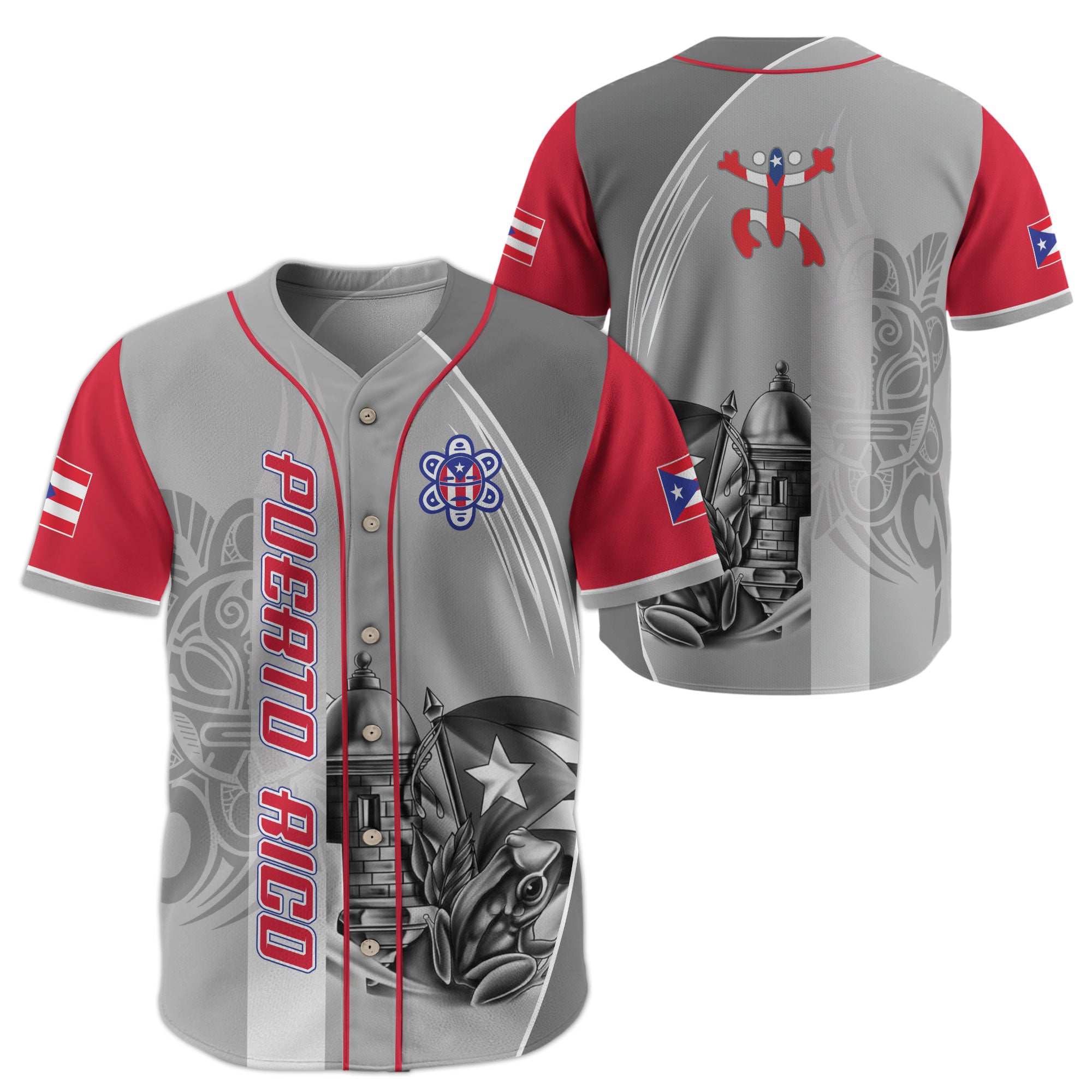 Puerto Rico Boricua Gray Red Fortress Coqui Frog Taino Heritage Baseball Jersey