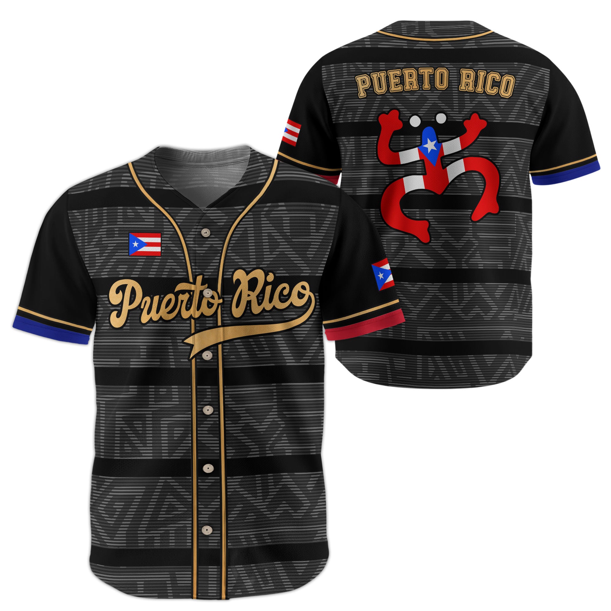 Puerto Rico Boricua Black Gray Taino Pattern Coqui Frog Heritage Baseball Jersey